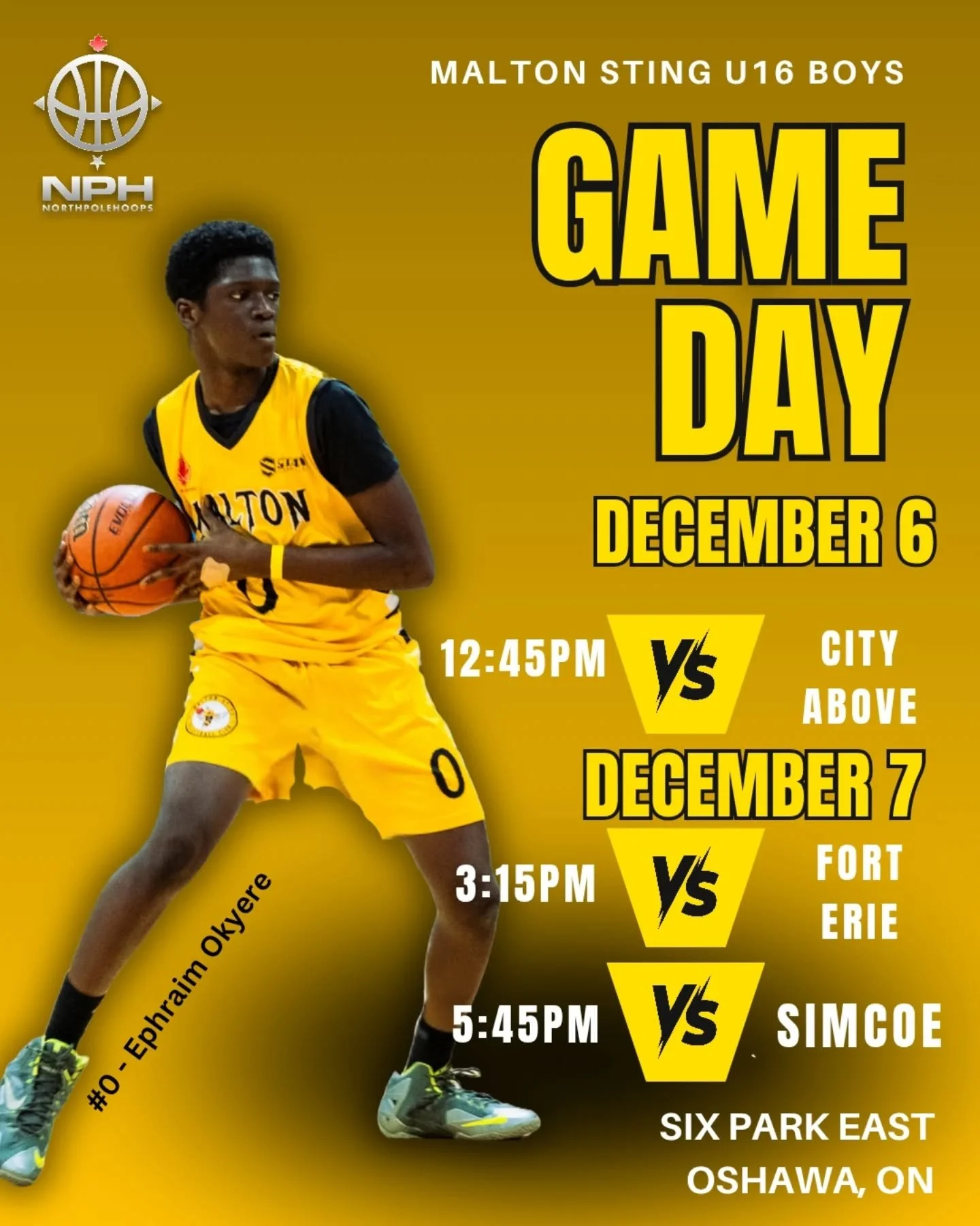 🏀🐝WEEK 2 of NPH SHOWCASE🐝🏀

Our U16 and U17 Boys teams head into their 2nd week of NPH Showcase League this weekend with multiple fixtures.

U16 Boys
📅 Dec. 6-7
🕛Dec. 6: 12:45PM vs City Above Elite
🕑Dec. 7: 3:15PM vs Fort Erie - 5:45PM vs Simc