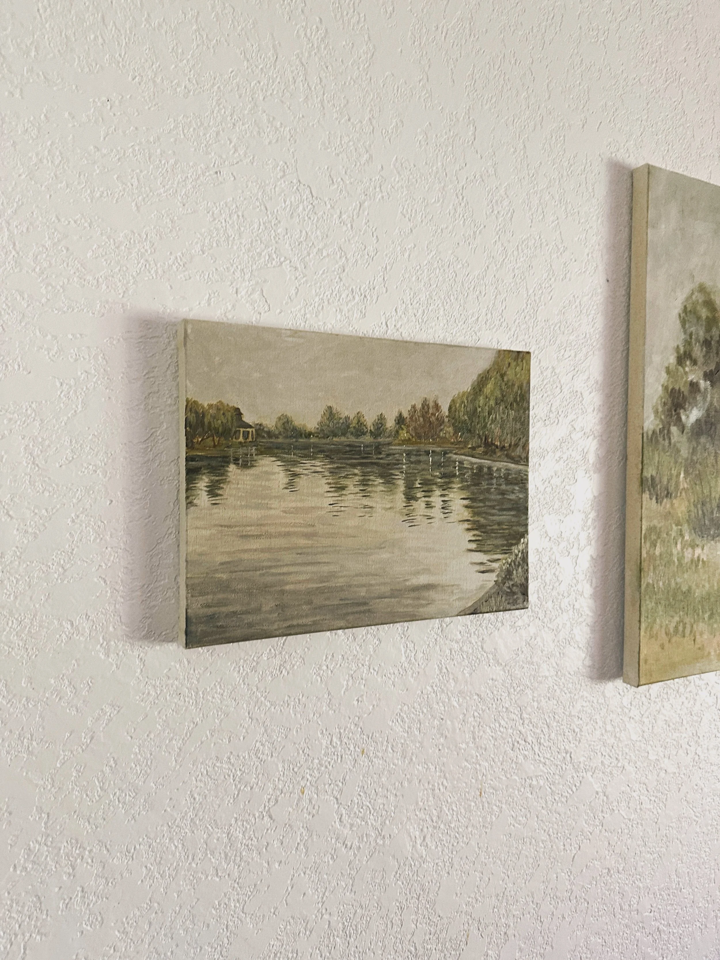 62/100 Morning Light on Lake Harveston

Our small town is having a plein air painting competition  so of course I had to participate. I went down to the town museum to get the back of a blank canvas stamped, then found a spot in Temecula to sit and p