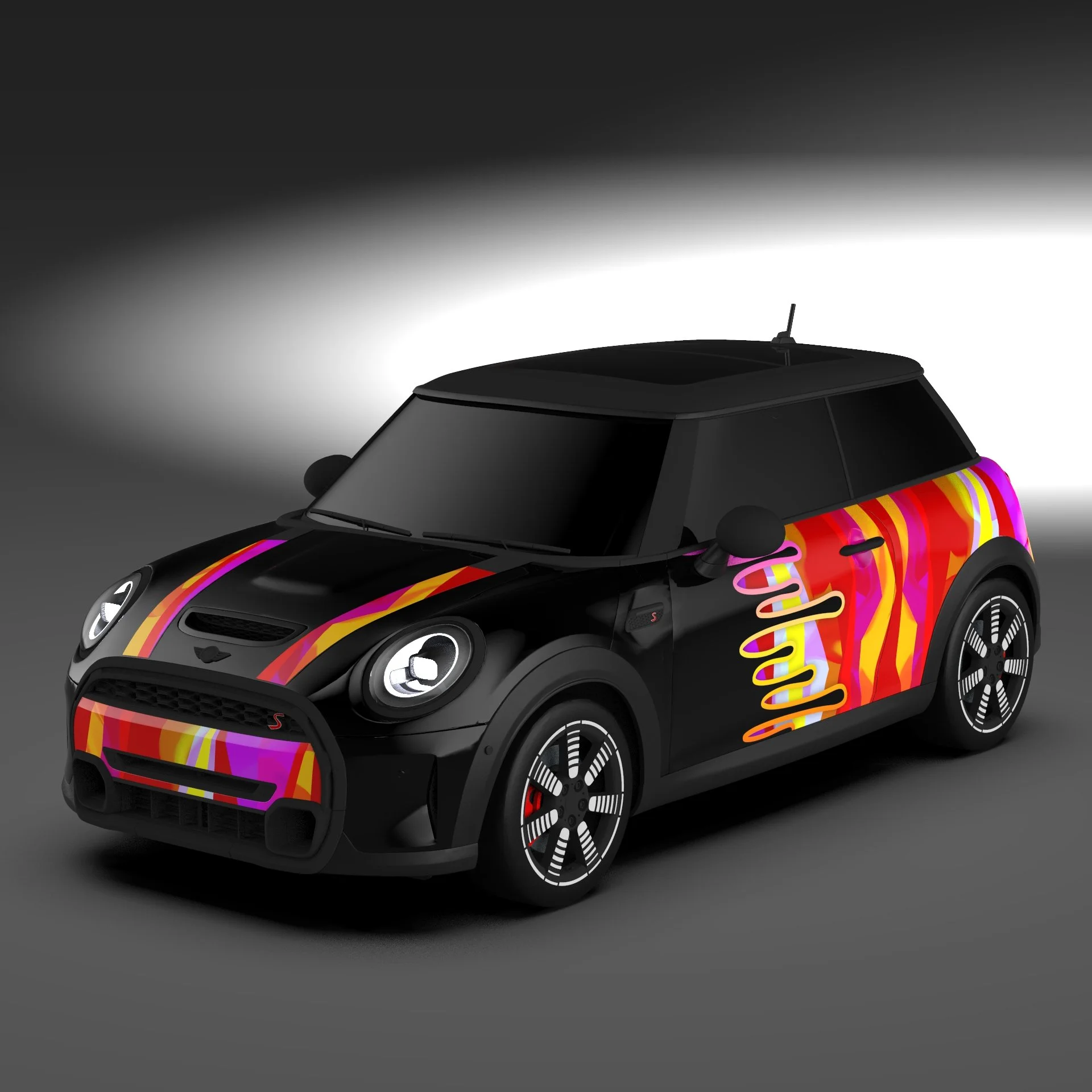 A black compact car with multicolored wavy stripes on the hood, roof, and sides, featuring a rainbow design on the side and front, set against a dark background.