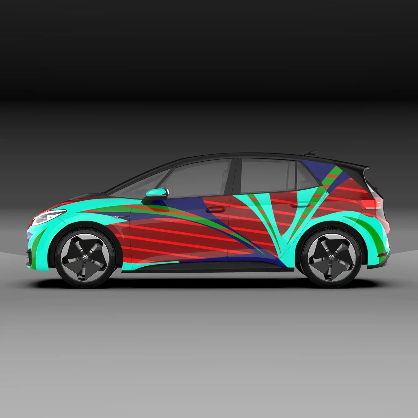 A digitally rendered car with a colorful abstract vinyl wrap featuring red, blue, green, and cyan designs on a black background.