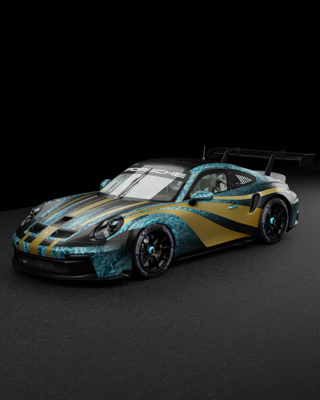 A race car with a blue dragon scale-like pattern and gold accents, featuring a large rear wing, black wheels, and Porsche branding on the windshield, parked on a dark surface.