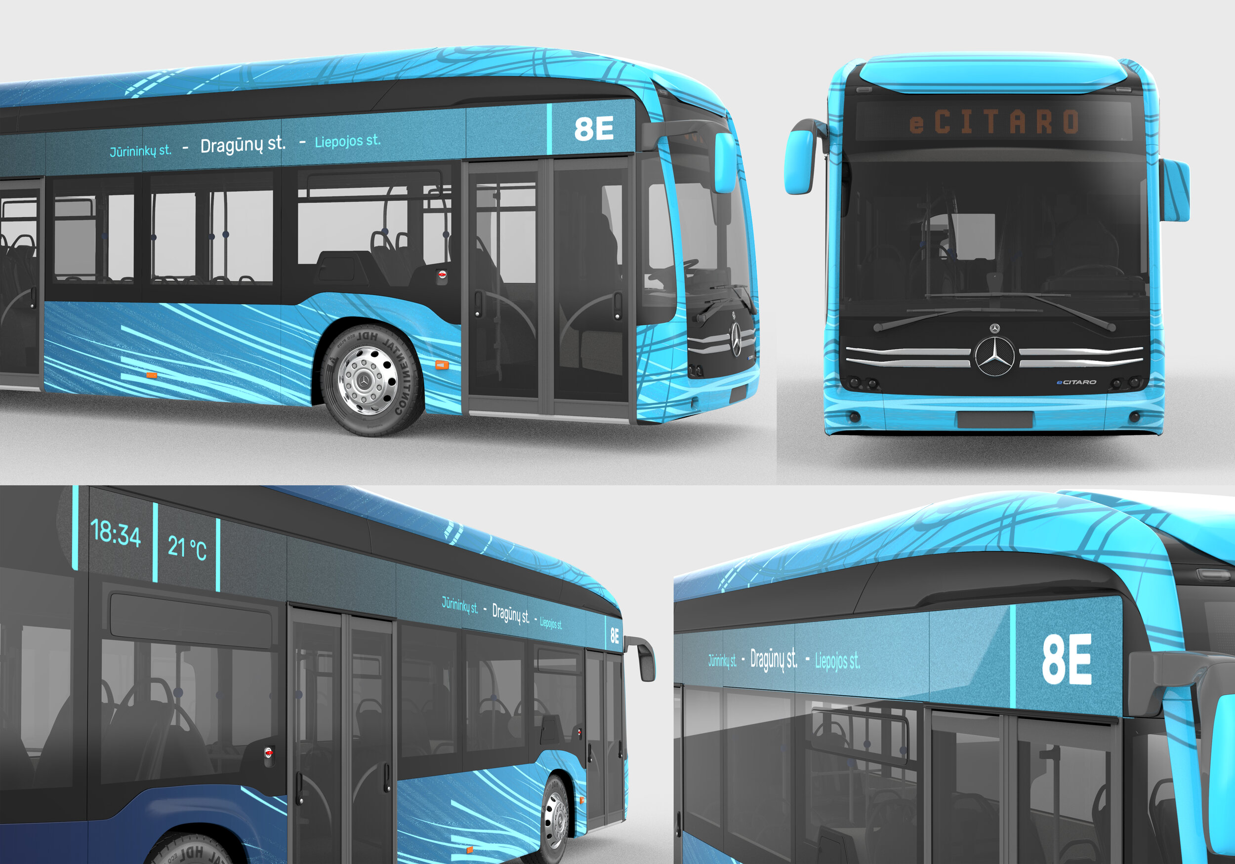 Digital rendering of a modern blue city bus from multiple angles, displaying route information including Jūrinių st., Dragūnų st., and Liepujos st. The front view shows the destination eCITARO, and the side view reveals the bus's digital display with the time 18:34 and temperature 21°C.