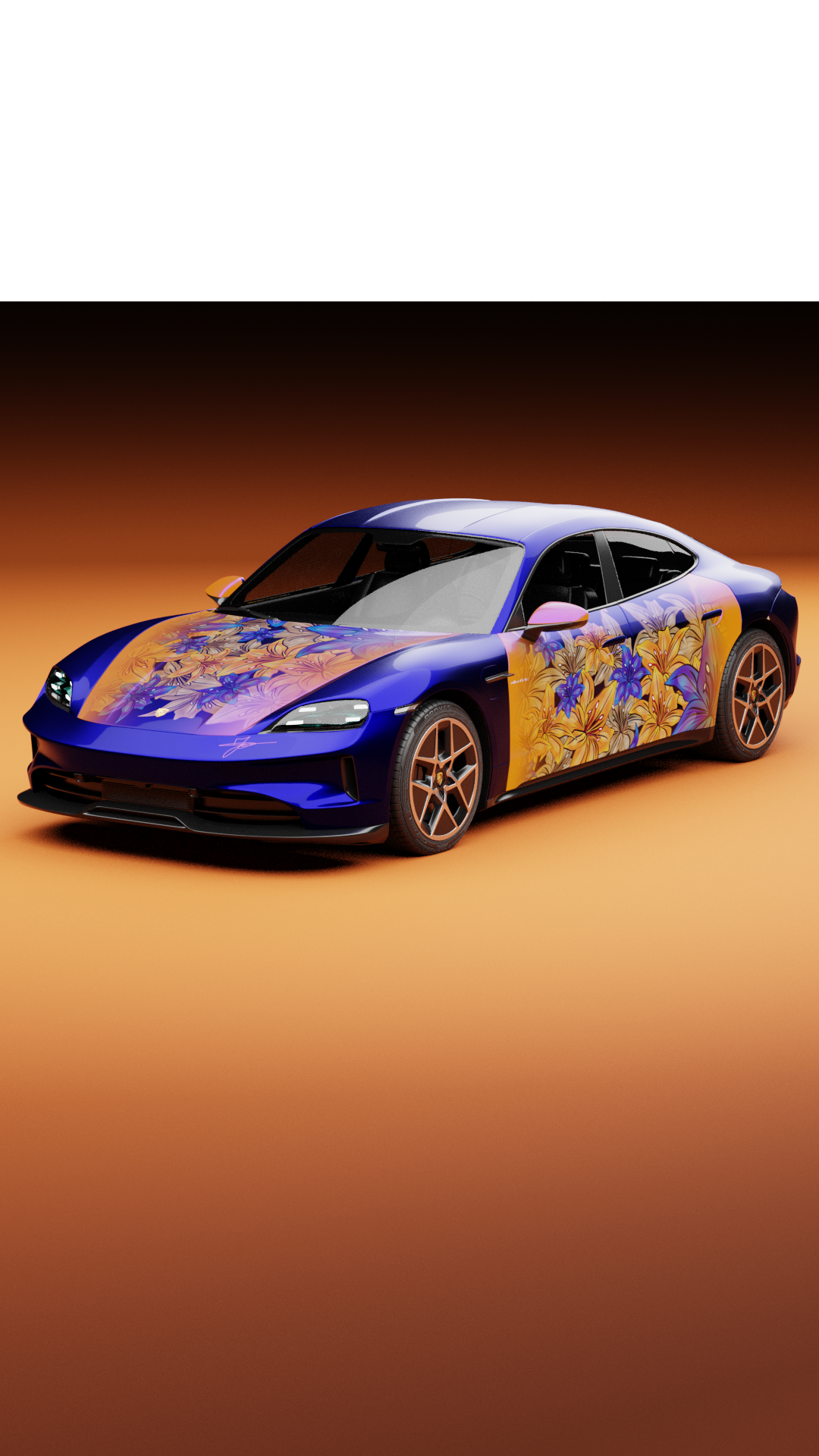 A blue sports car with a floral design of yellow and purple flowers on the hood and sides, set against an orange gradient background.