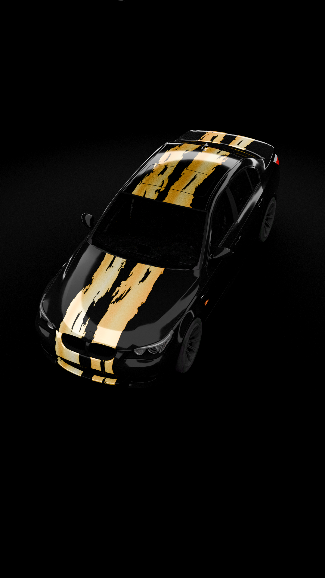A black car with gold and black tiger stripe design running down the center of the hood, roof, and front bumper, set against a dark background.
