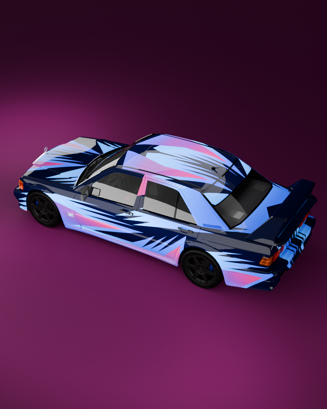 A vintage car with a blue, pink, and white geometric design on a purple background.