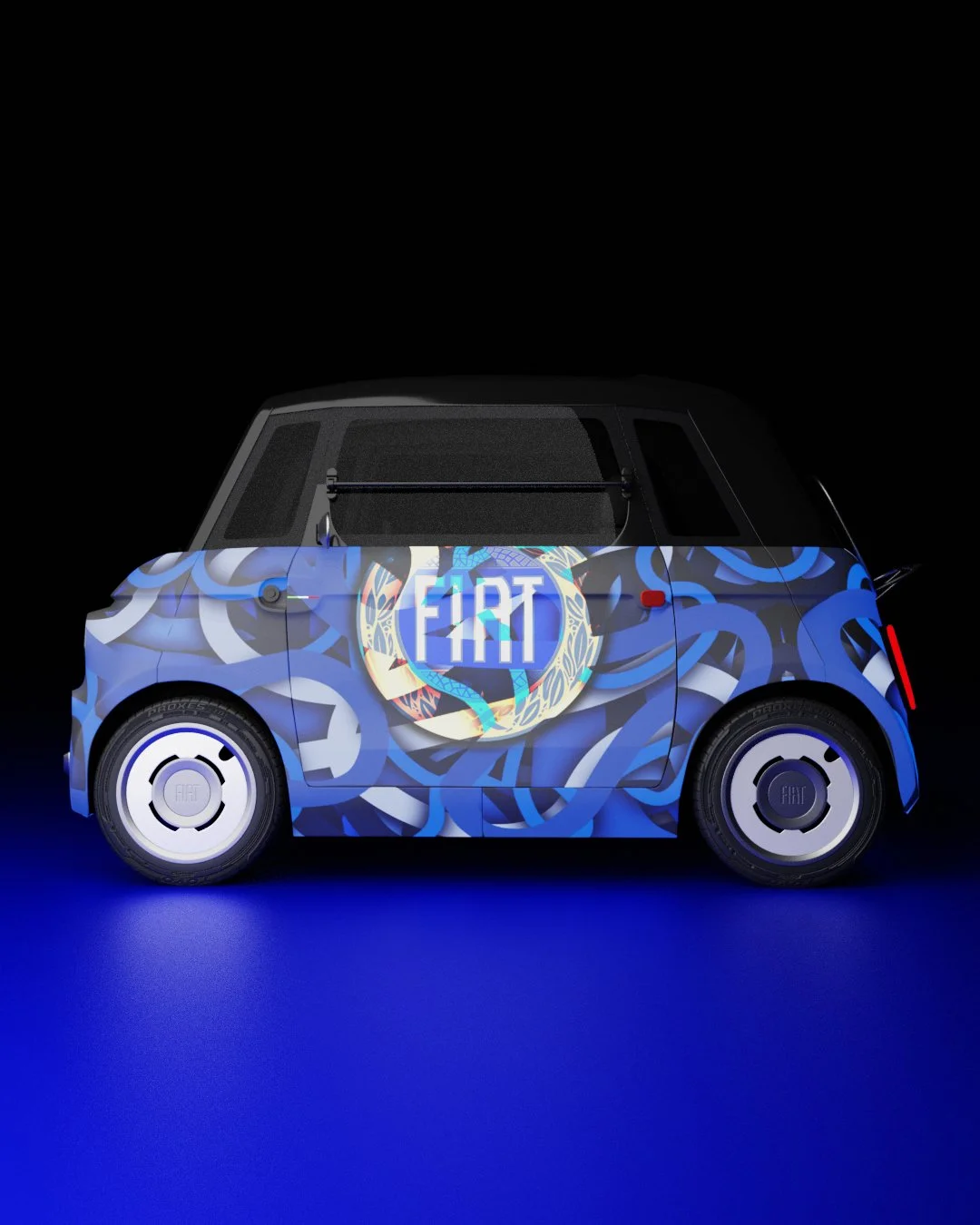 Small car with a blue, white, and black patterned design and a Central logo reading 'FIAT' on its side, illuminated against a dark background.