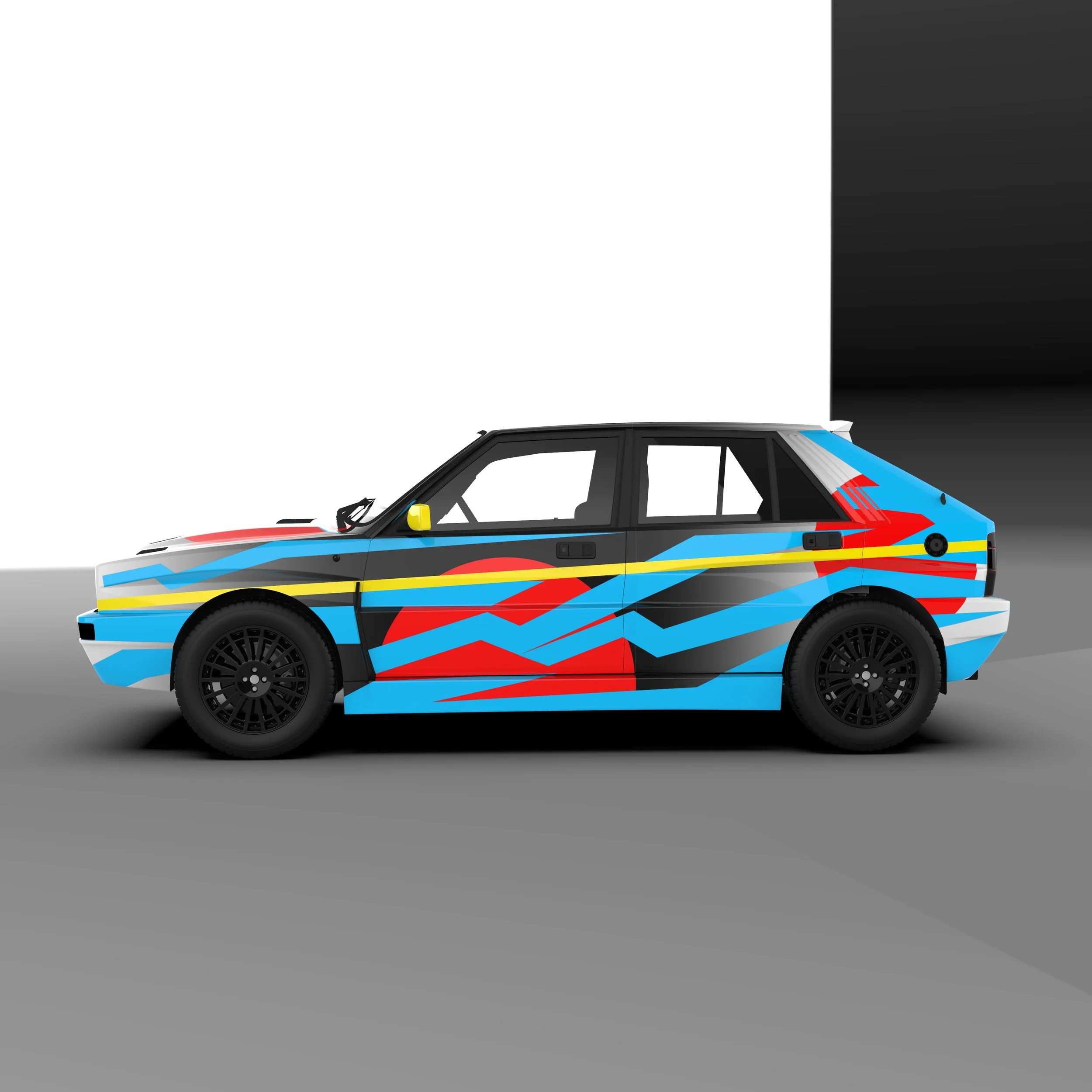 A race car with a colorful zigzag pattern in blue, red, yellow, white, and black, positioned against a plain background.