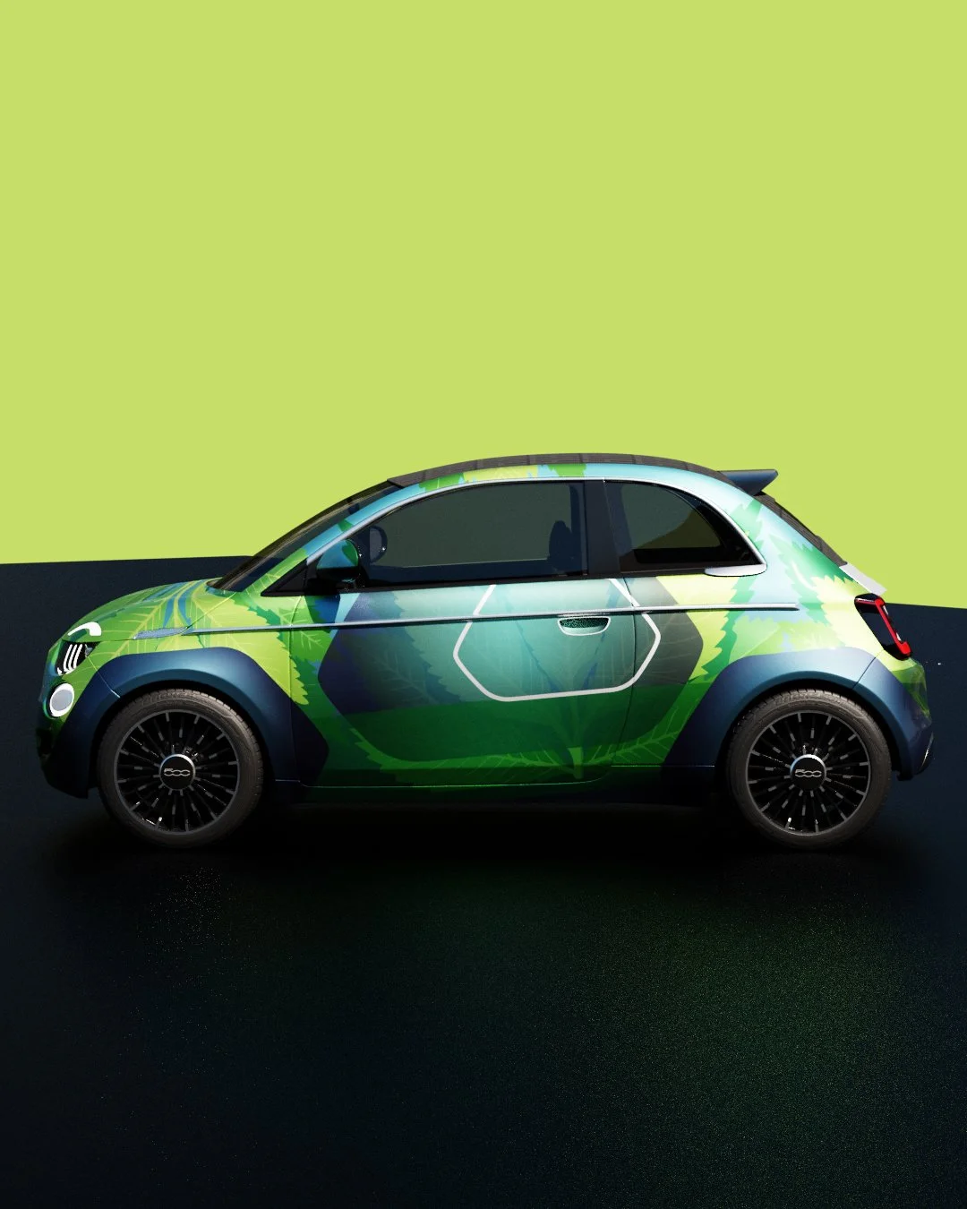 A compact car with a green and blue leaf-themed design on a black and green background.