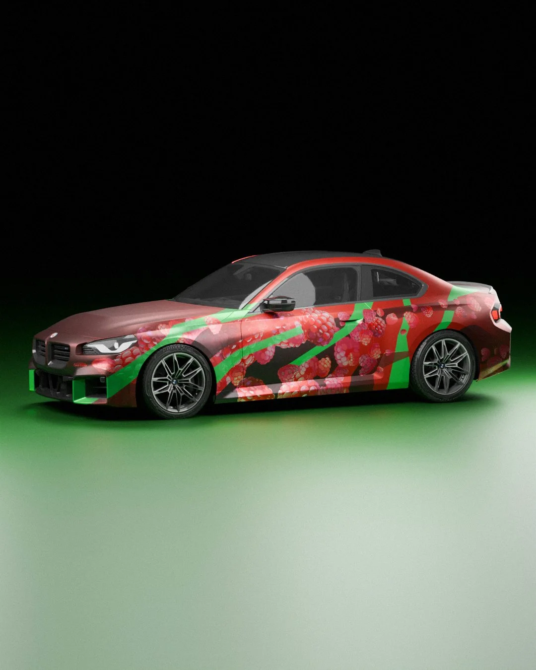 A sports car with a raspberry design and green accents on a glowing green floor against a black background.