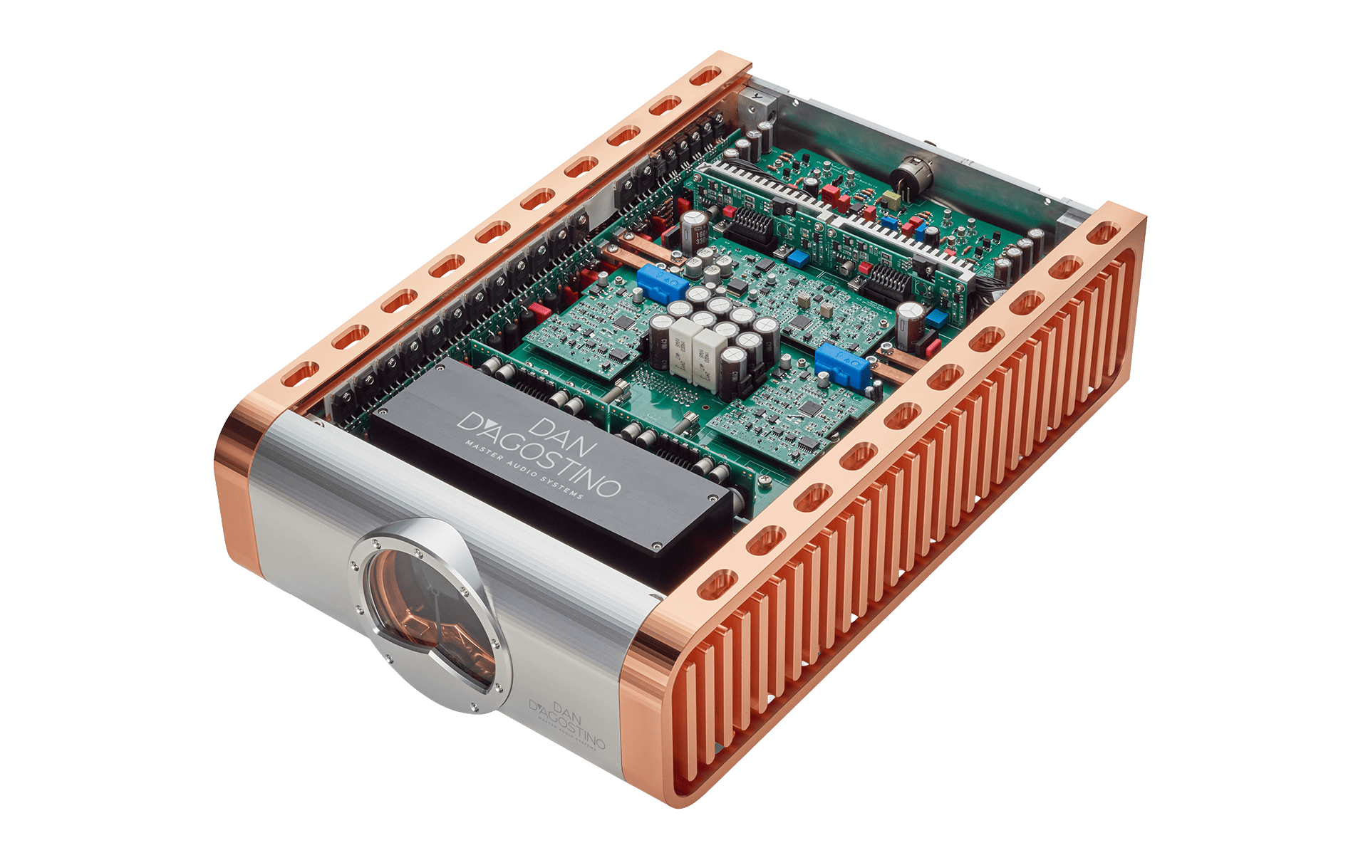 An electronic device with a copper and silver casing, internal circuit boards, capacitors, and a black component labeled 'DAN DAGOSTINO MASTER AUDIO SYSTEMS.'