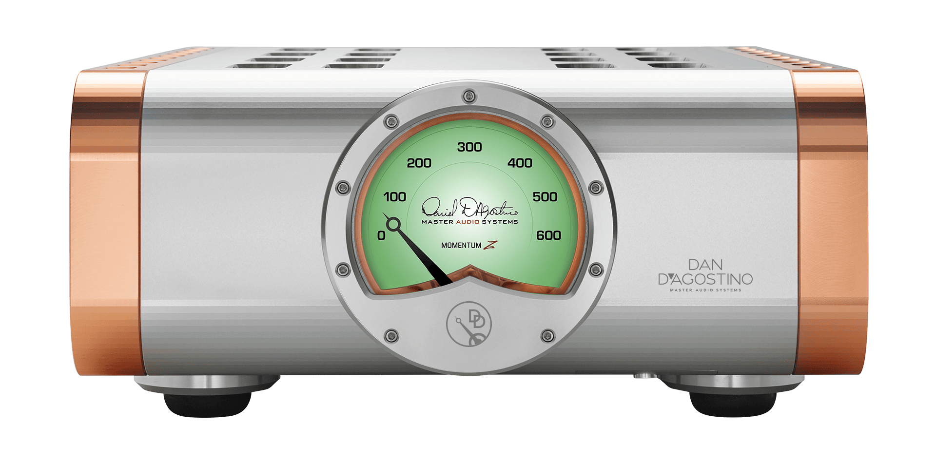 A Dan D'Agostino Master Audio Systems Momentum Z amplifier with a large circular gauge showing power level at approximately 90, with metallic silver and rose gold accents.