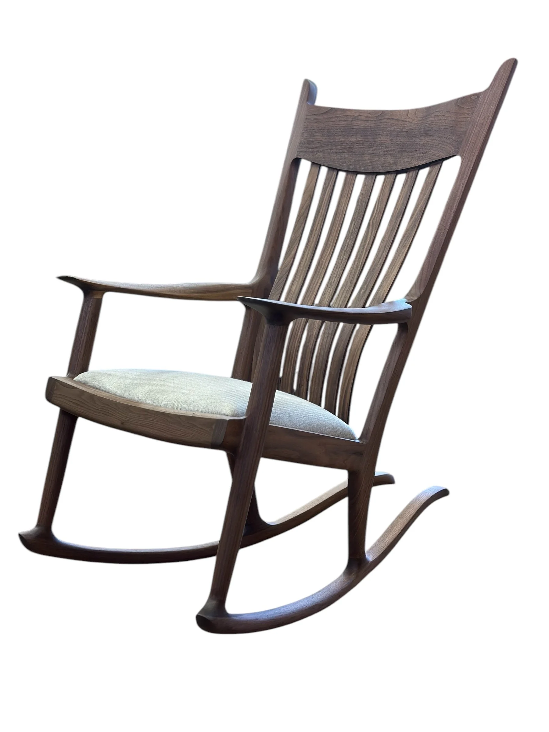 Hutchinson bespoke furniture upholstered seat rocker in custom wood furniture design with handcrafted rocking base in online furniture store