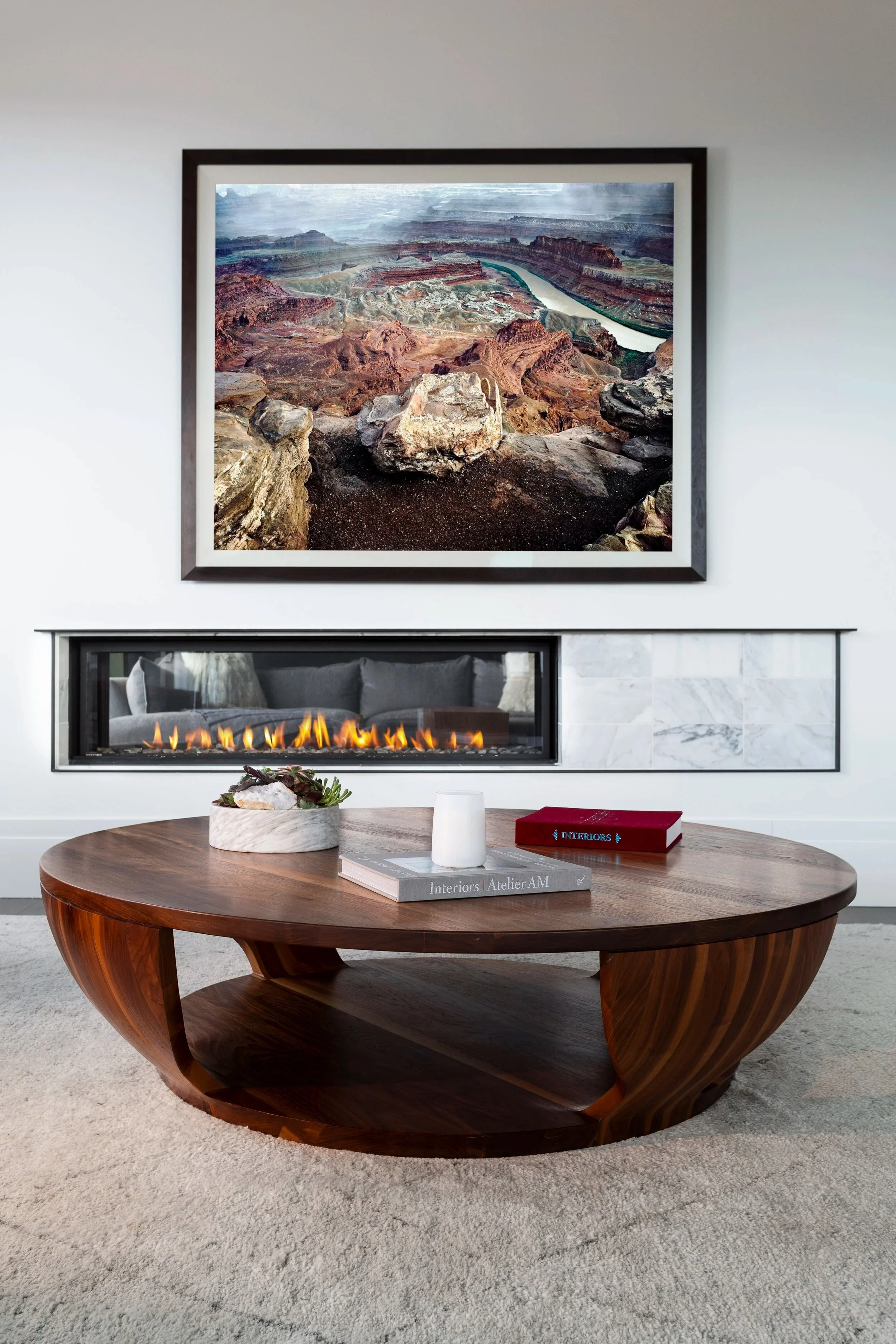 Custom furniture featuring handcrafted luxury wood coffee table in stylish home interior