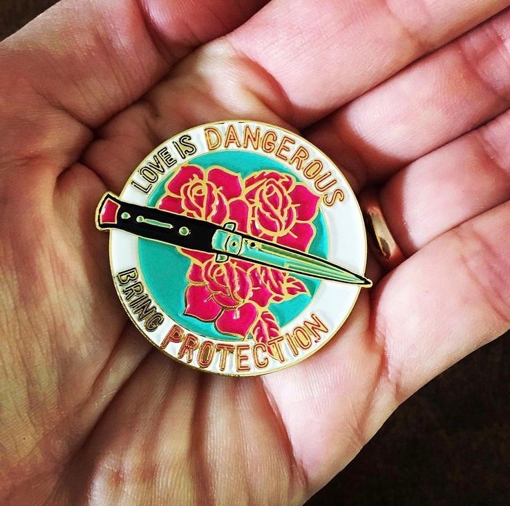 SfSx comic book enamel pin Love is Dangerous Bring Protection