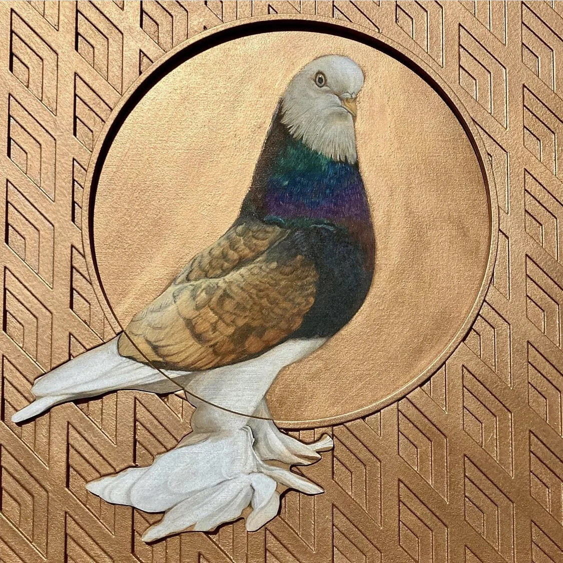 Laura Kennedy "A Fancy Pigeon For Tiny Sofia", 11 x 11", pencil and mixed media on lasercut panels, $990