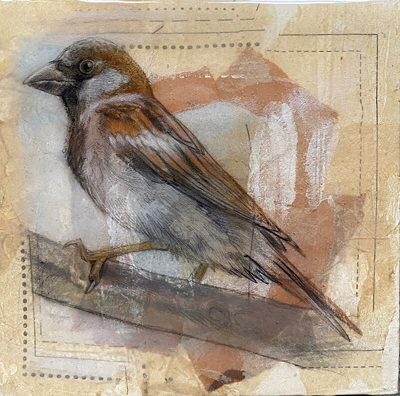 Phil Padwe, "Sparrow", 6 x 6", mixed media, $450