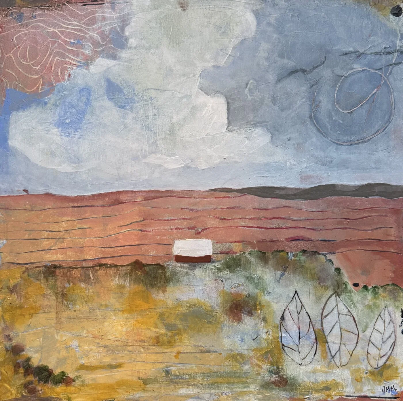On the Farm, 12x12x 1 1/2 Acrylic/Mixed Media on Wood Panel in Black Float Frame