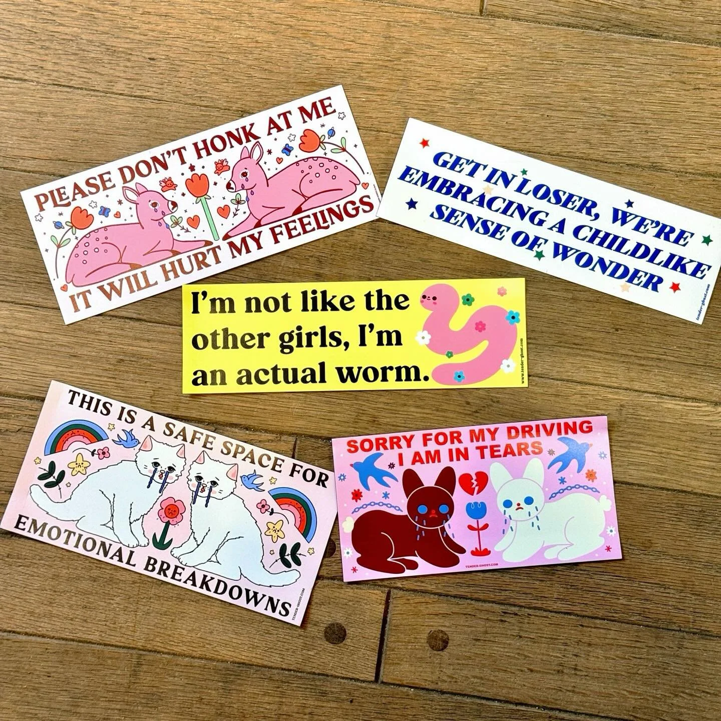 Restock at last from @tenderghost !! 🥳 These bumper magnets and stickers sold out SO FAST. But they&rsquo;re finally back 😘🩷