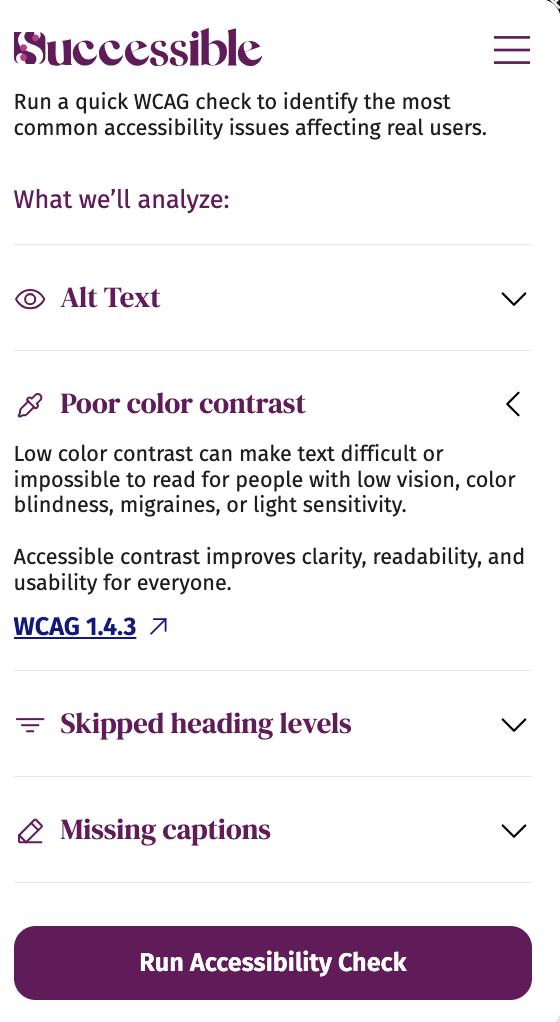 Successible the accessibility assistant interface showing WCAG check overview section for Alt text, Poor color contrast, skipped heading levels and Missing captions.