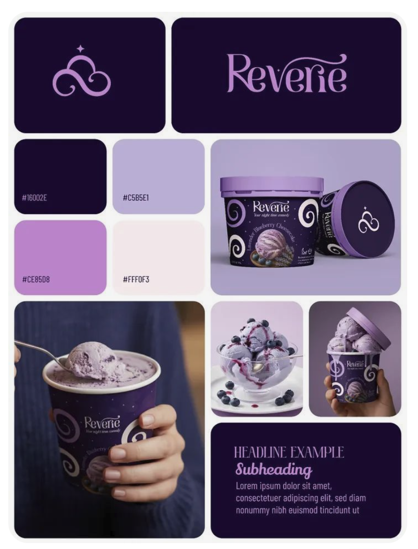 A purple-forward brand identity board for "Reverie" ice cream, featuring a deep eggplant, a medium lavender, a brighter mid-purple, and a near-white pink, used together across packaging mockups and a sample headline layout.