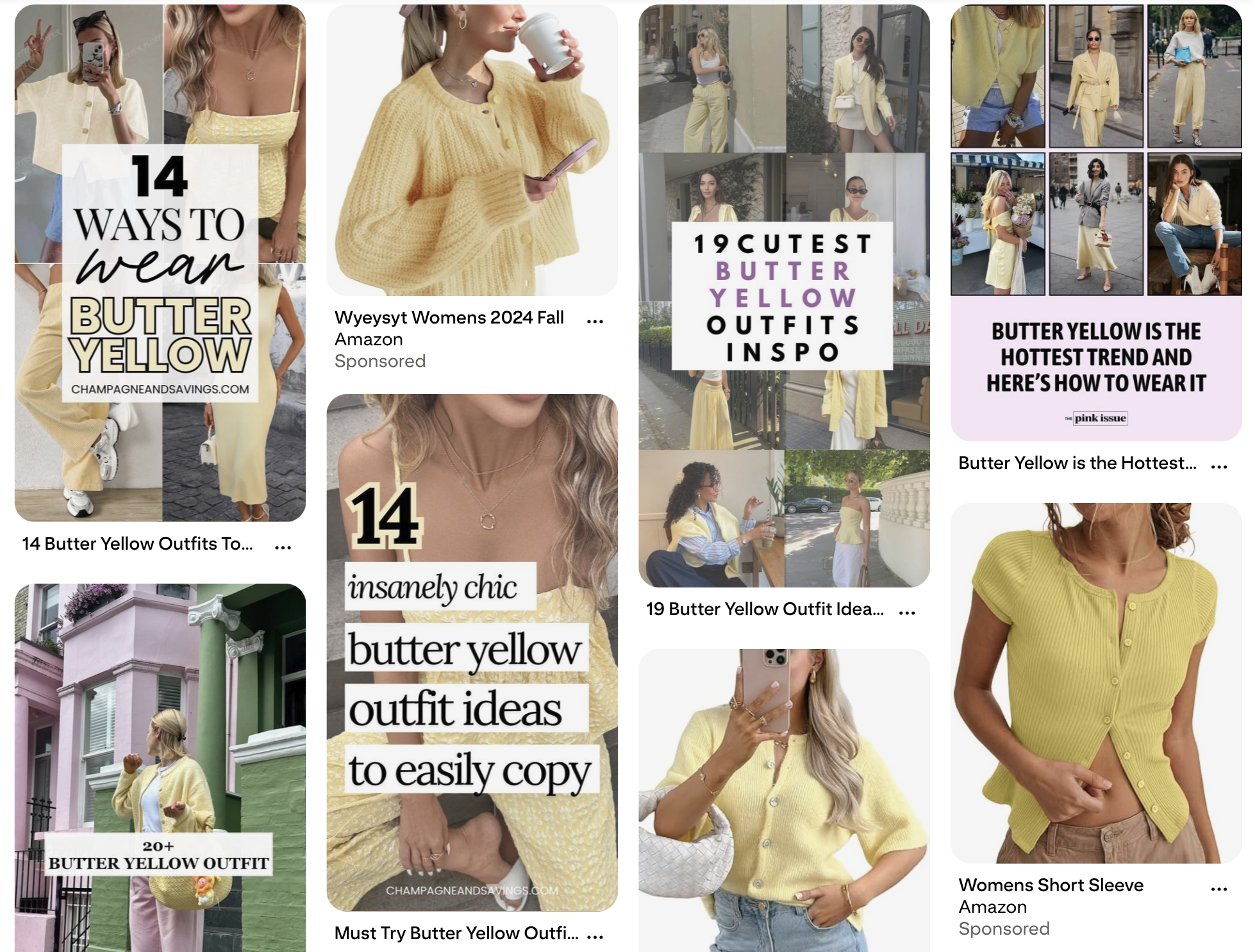 Pinterest search results for "butter yellow" shows a grid of fashion content such as cardigans, dresses, blazers and outfit roundups with titles like "14 ways to wear butter yellow." "19 cutest butter yellow outfit inspos."