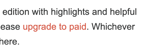 Orange-red link text reading "upgrade to paid" on a white background passing WCAG large text contrast standards.