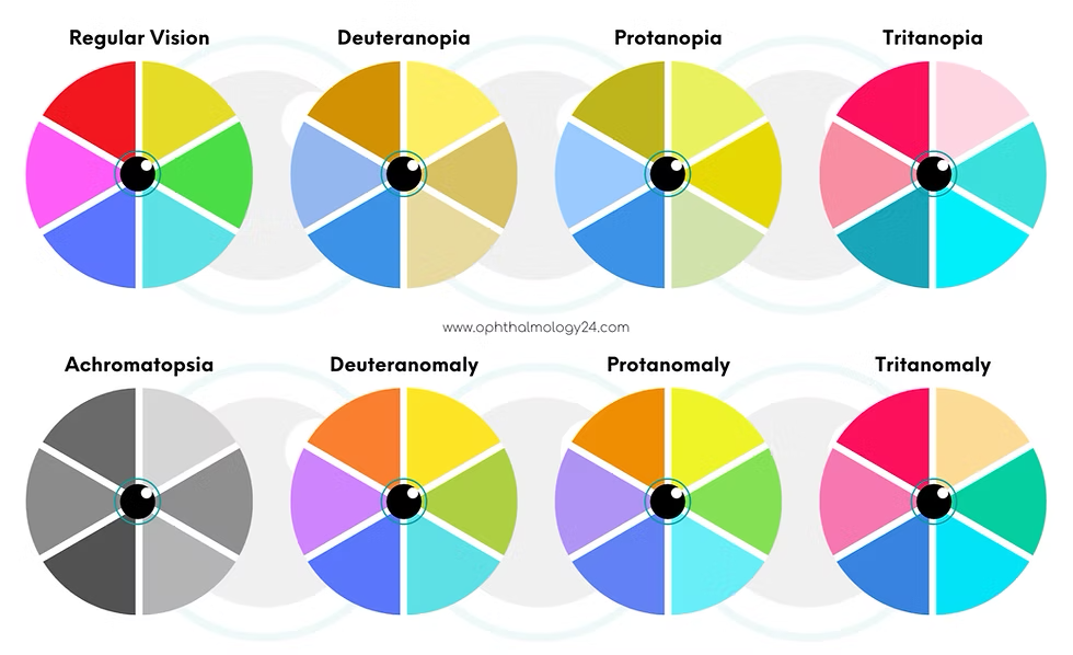 Showing all 8 different types of vision from regular vision to achromatopsia.