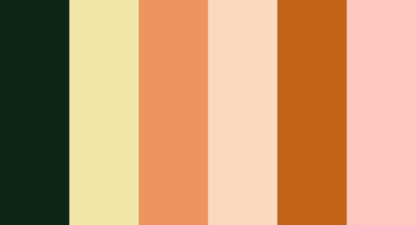 Color swatches of  dark green, pale yellow, dark peach, light peach, burnt orange and a light rosy pink.