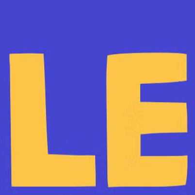 Bold golden-yellow sans-serif letters "LE" on a royal purple background.