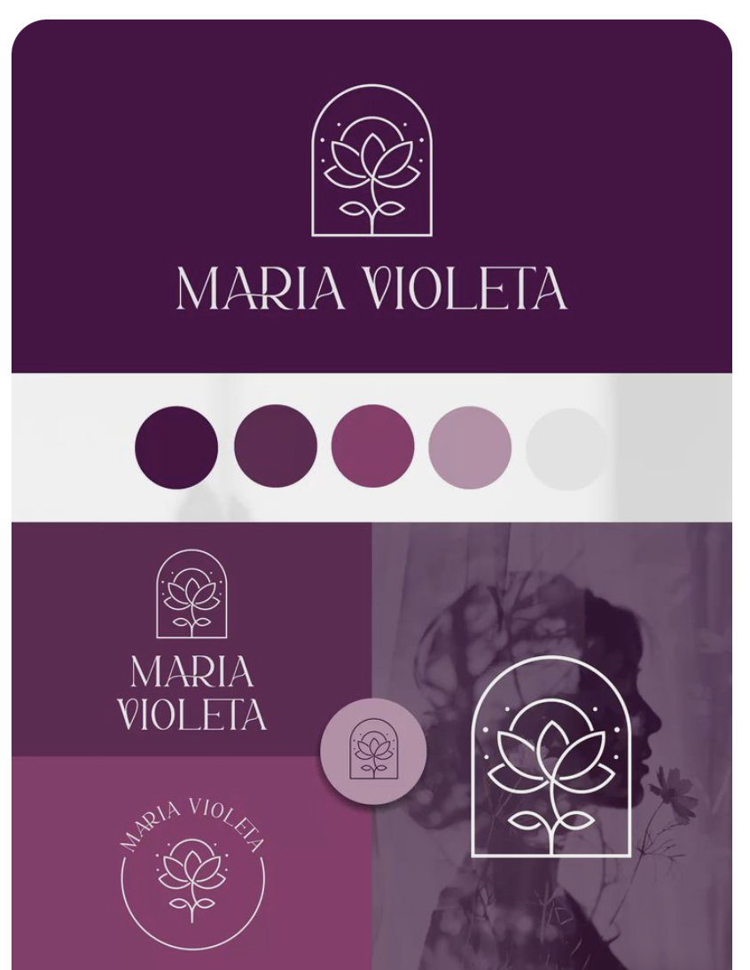 A brand identity board for "Maria Violeta" featuring five purple swatches ranging from deep aubergine to a near-white grey, with logo applications shown on solid purple backgrounds.