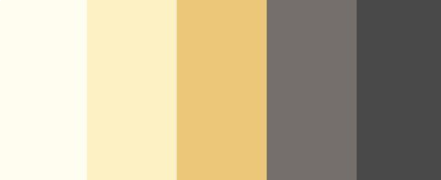A five-swatch color palette moving from cream on the left, to butter yellow, to mustard, to warm taupe grey, to deep charcoal on the right.