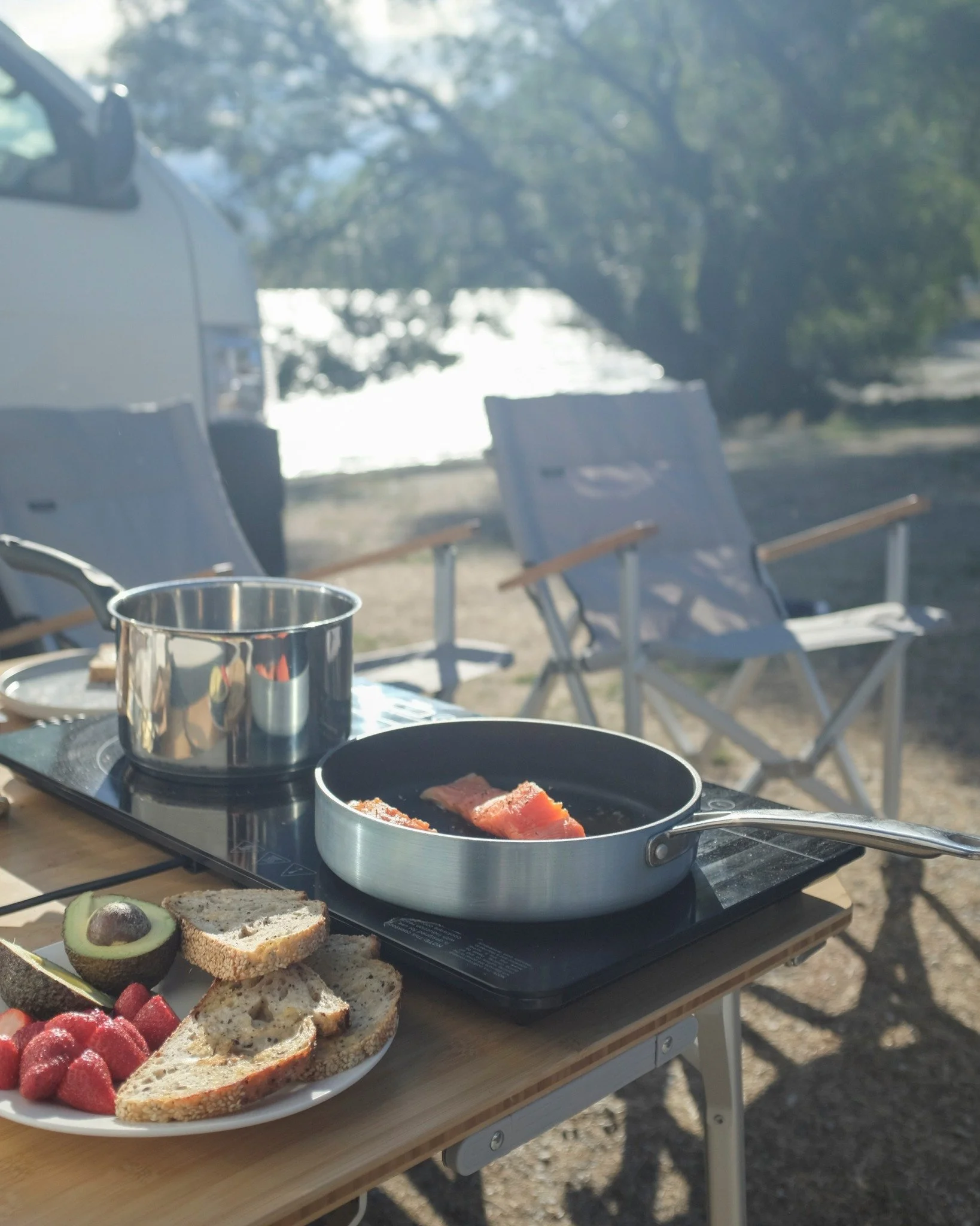 Gone are the days of lugging a gas canister to cook in your van. We offer fully electric portable induction cookers in our conversions.

Just like cooking at home in your own kitchen, these portable two burner hobs are easy to carry around and the la