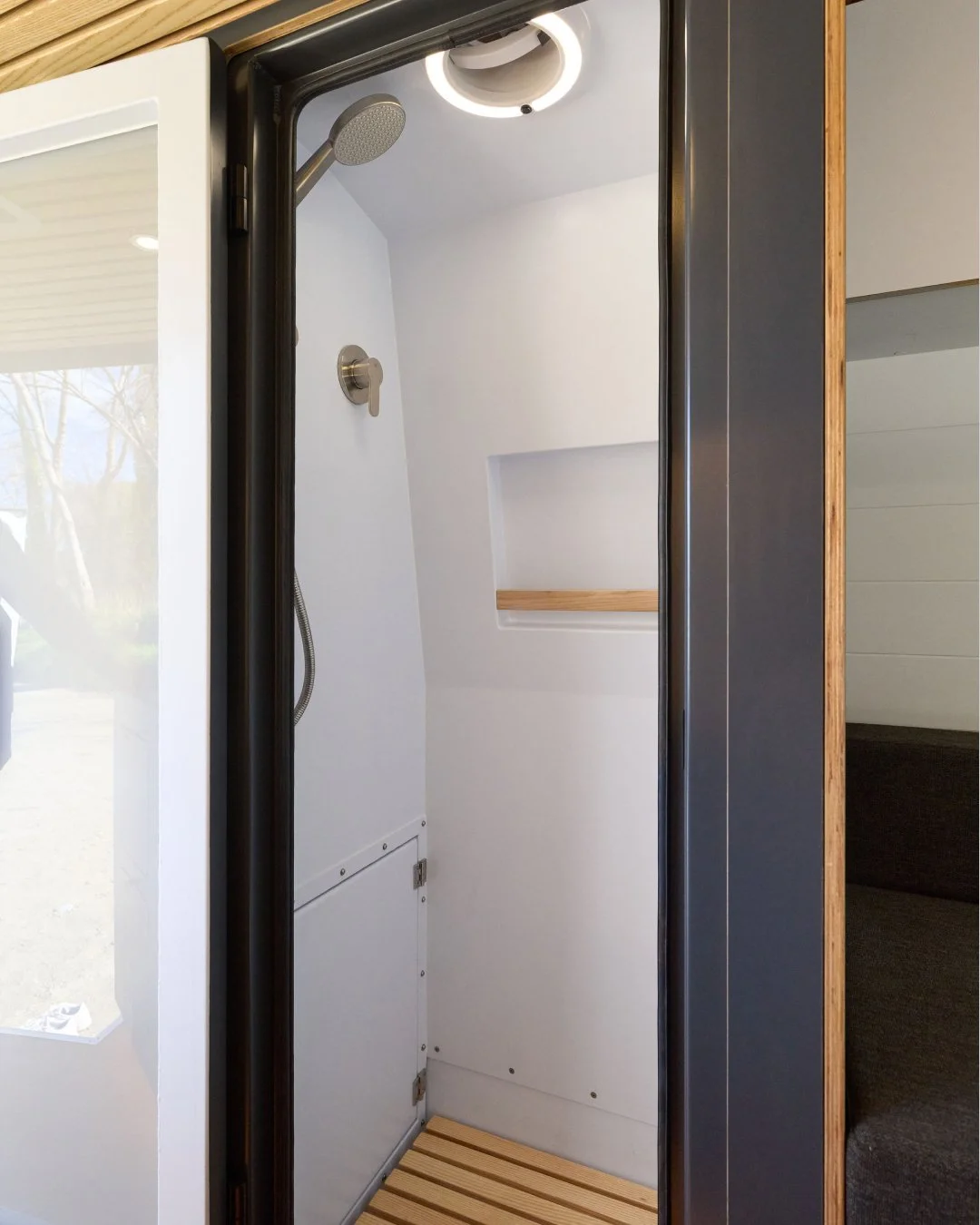 The Jane-approved Shower. 🚿👌
Let&rsquo;s be honest: for many, the "no shower" rule is a dealbreaker for van life. For Jane to get on board with Ken&rsquo;s Mercedes Sprinter custom conversion a proper cubicle was a non-negotiable.

Enter 