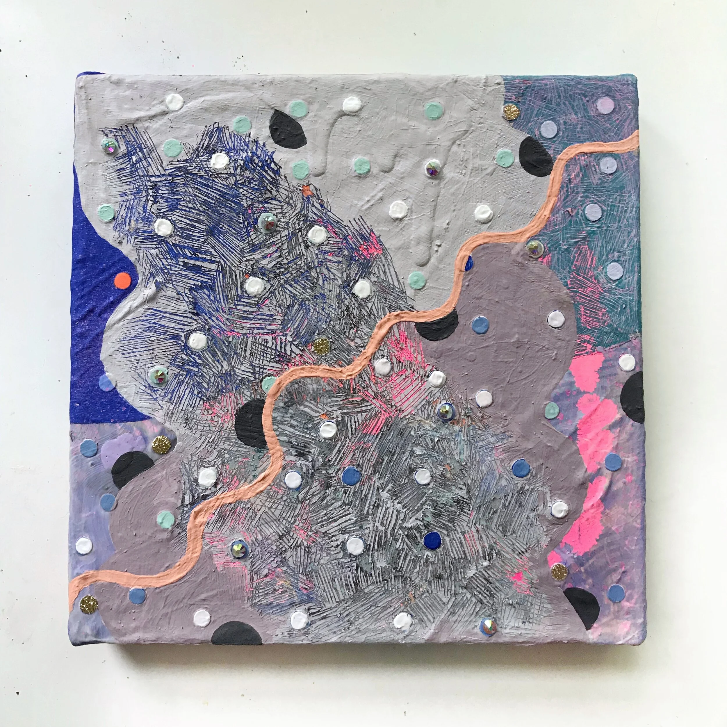Acrylic, gouache, paper, graphite, rhinestones and glitter on canvas8”x8”