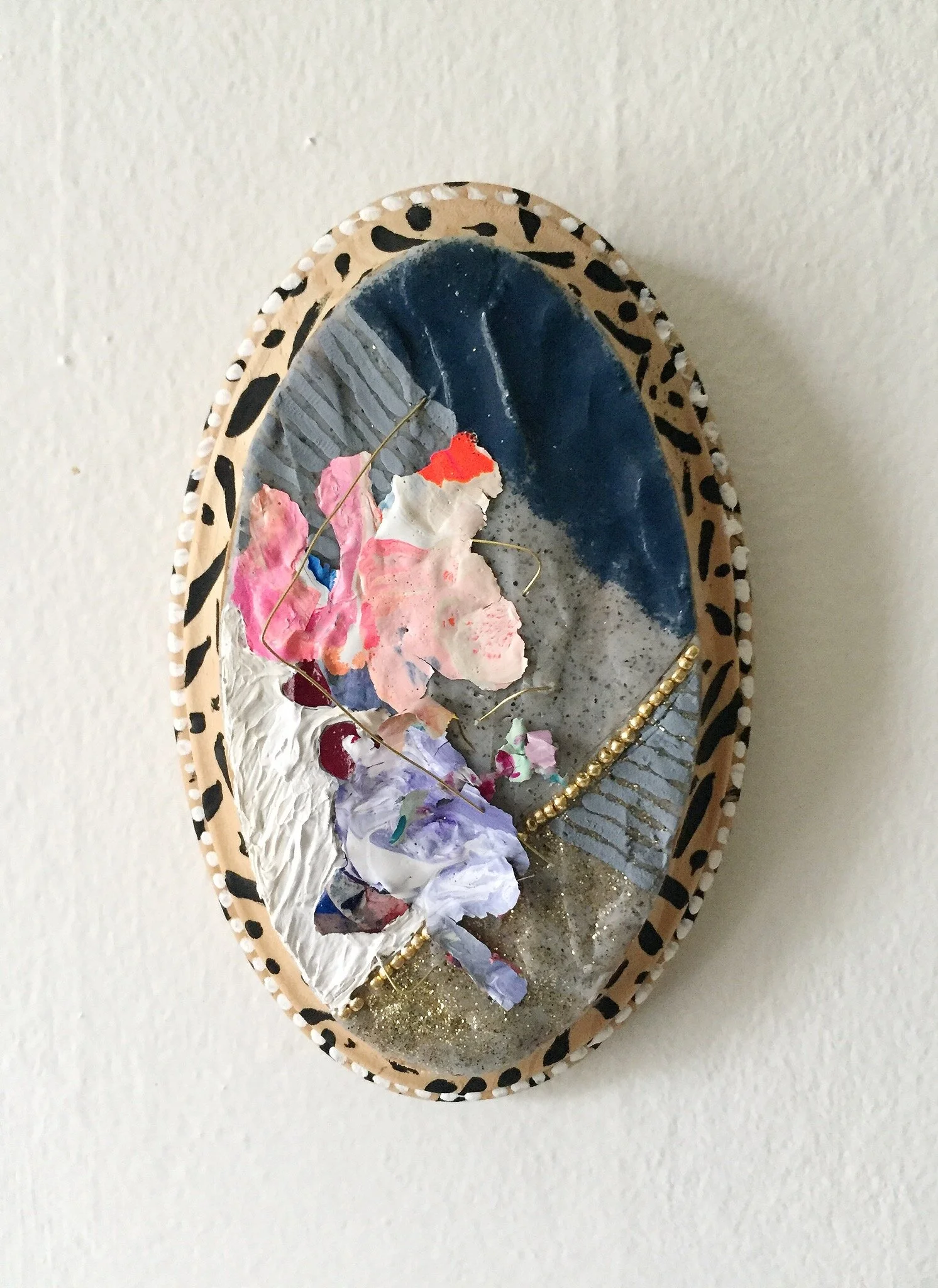 Acrylic, dried paint, beads, glitter, wire and sculpey on shaped wood panel4.5”x3.5”