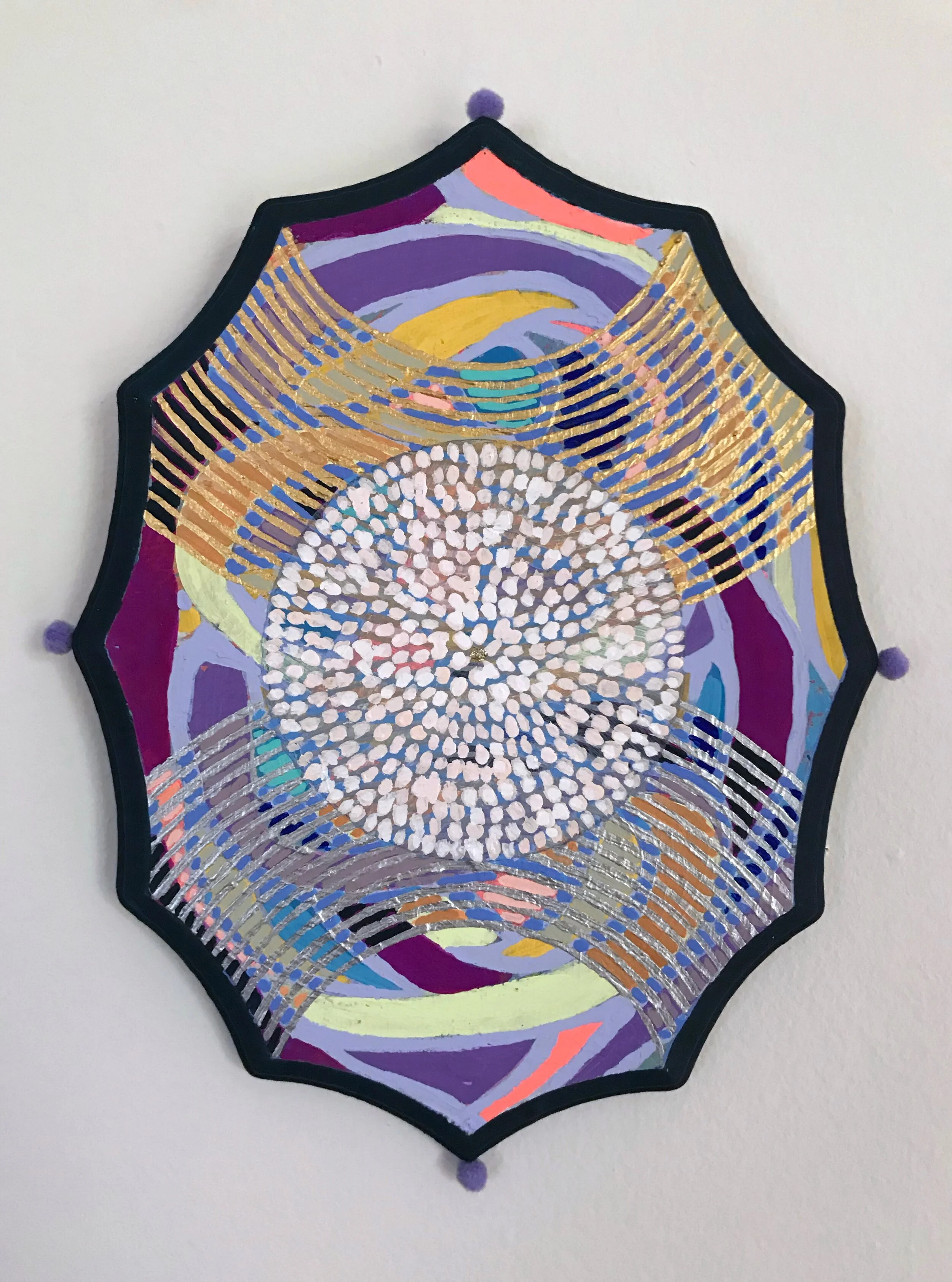 Acrylic, flashe, gouache, pompoms and glitter on shaped wood panel12”x9”