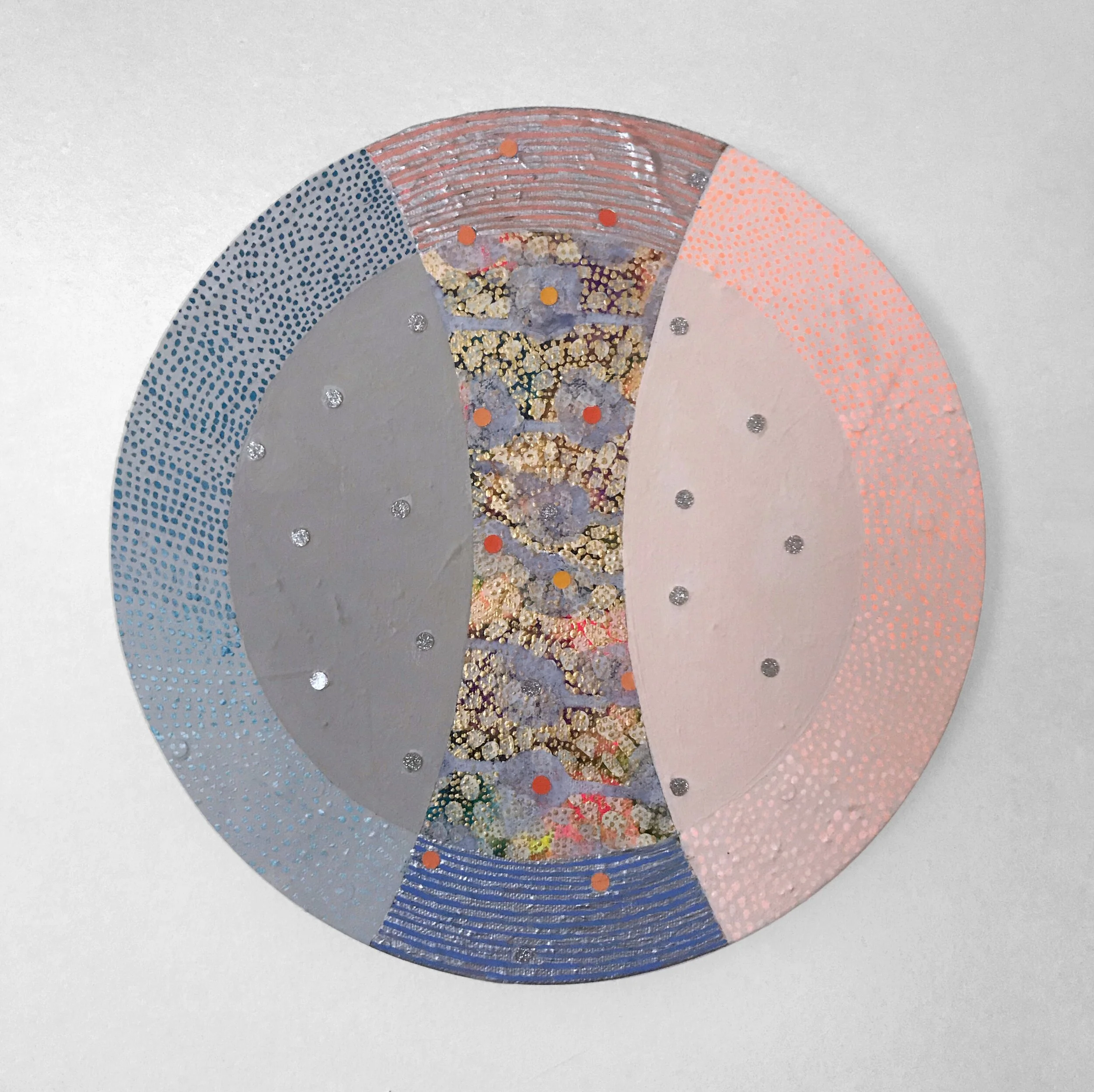 Acrylic, gouache, flashe and glitter on panel12”diameter