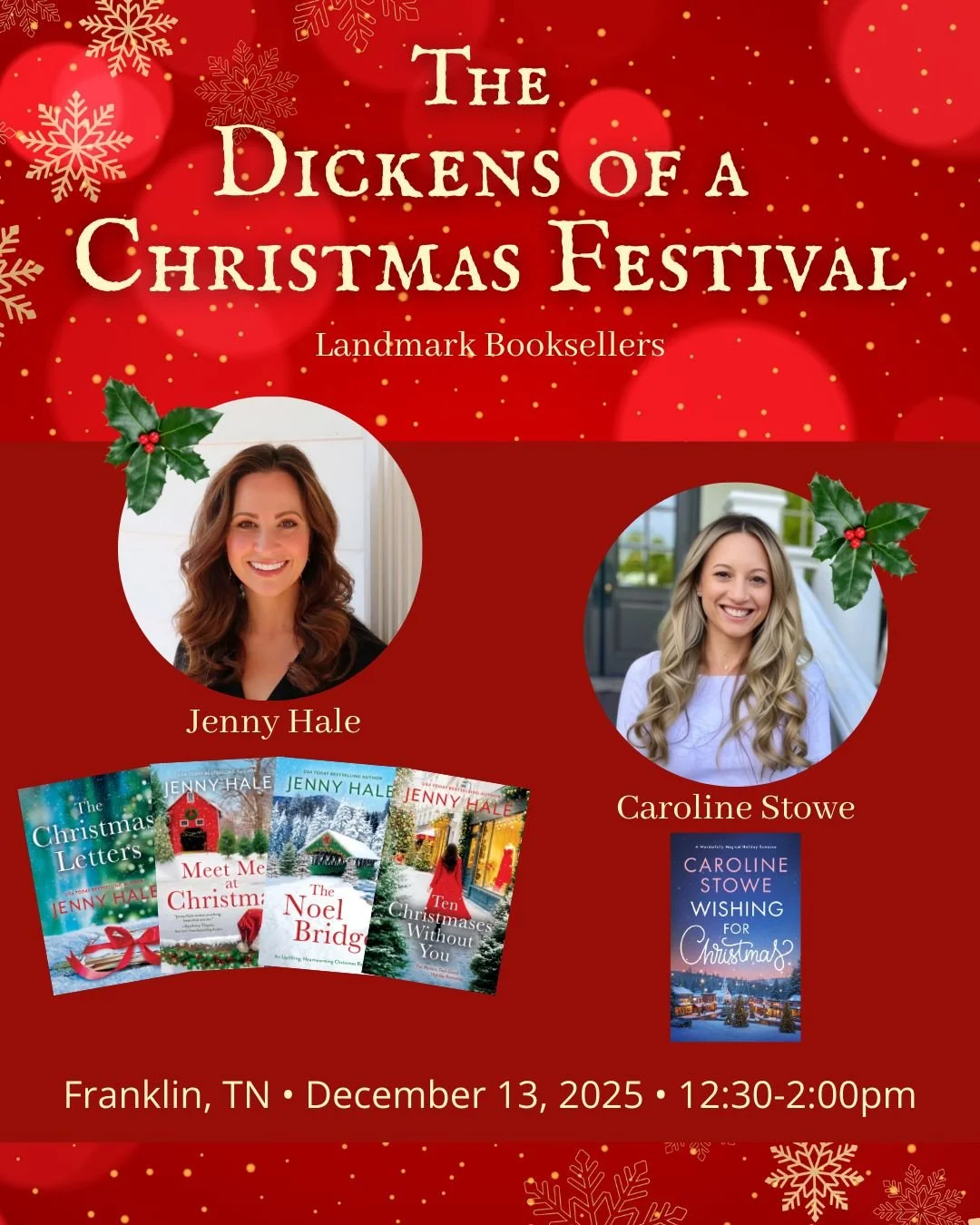 What do HR authors @jhaleauthor and @author_carolinestowe have in common with Kathie Lee Gifford and Karen Kingsbury&hellip;?

They&rsquo;ll all be at the Dickens Christmas Festival in Franklin, TN!! 🎄✨

Join us on December 13th at Landmark Booksell
