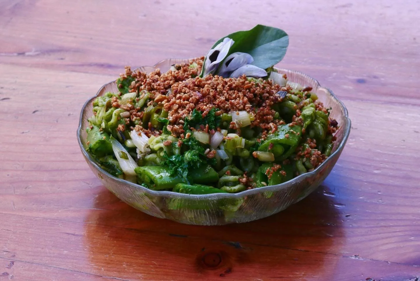 Little spring specialty here for yall this weekend! Fava Leaf Pesto Pasta Salad with Sugar Snap Peas, Kale, Confit Green Garlic and Cultured Seed Parma.

Come get it while we&rsquo;ve got it! 

Specialty produce from @spadeandplow who we love