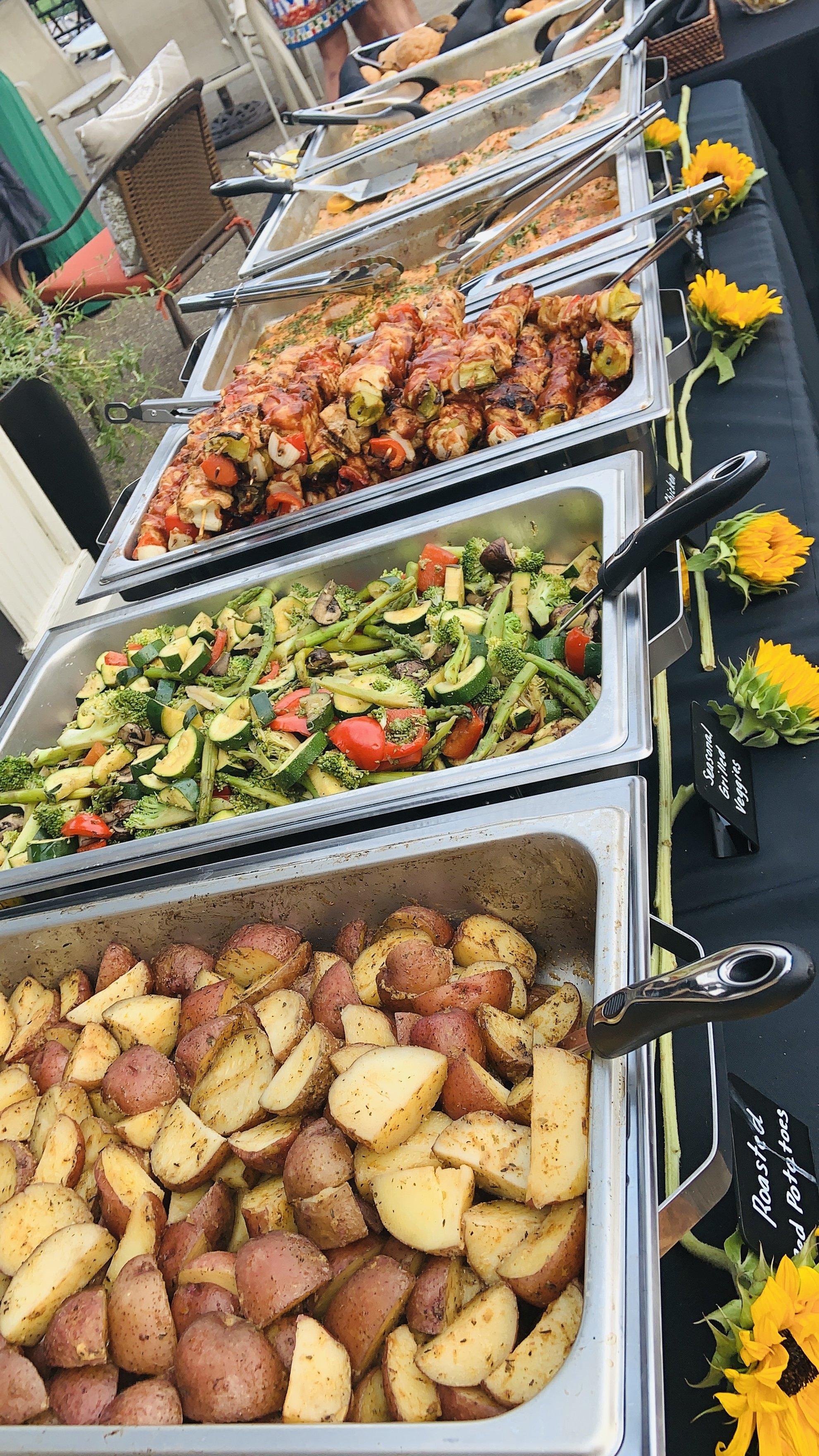 Roasted Potatoes, Mixed Vegetables, Chicken Skewers, Salmon