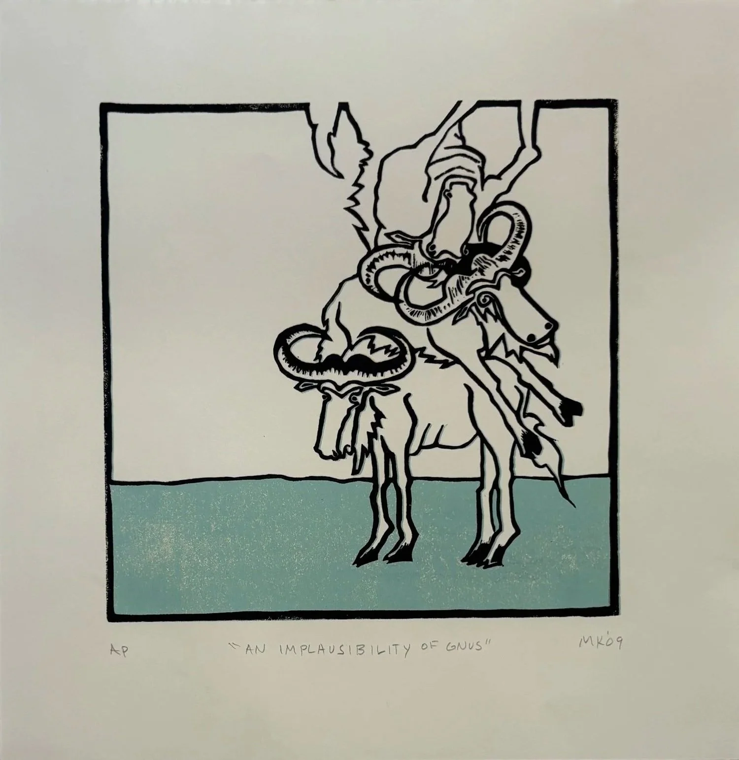 An Implausibility of Gnus - 2009 - Linocut - 11.5" x 11.5"