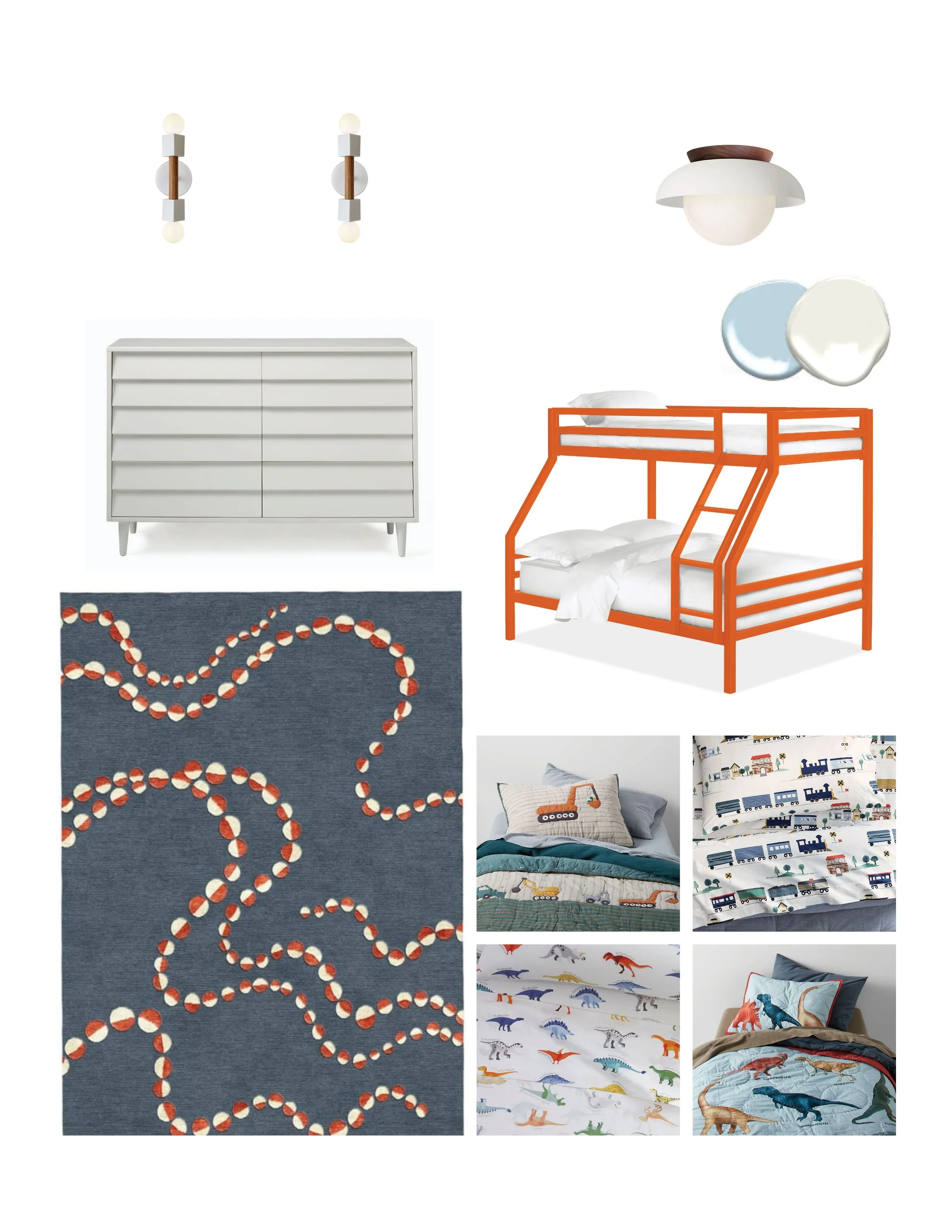 Boys bedroom interior design mood board showing furniture, rugs, lighting, fabrics, for a room redesign. This home is located in Belmont Massachusetts.
