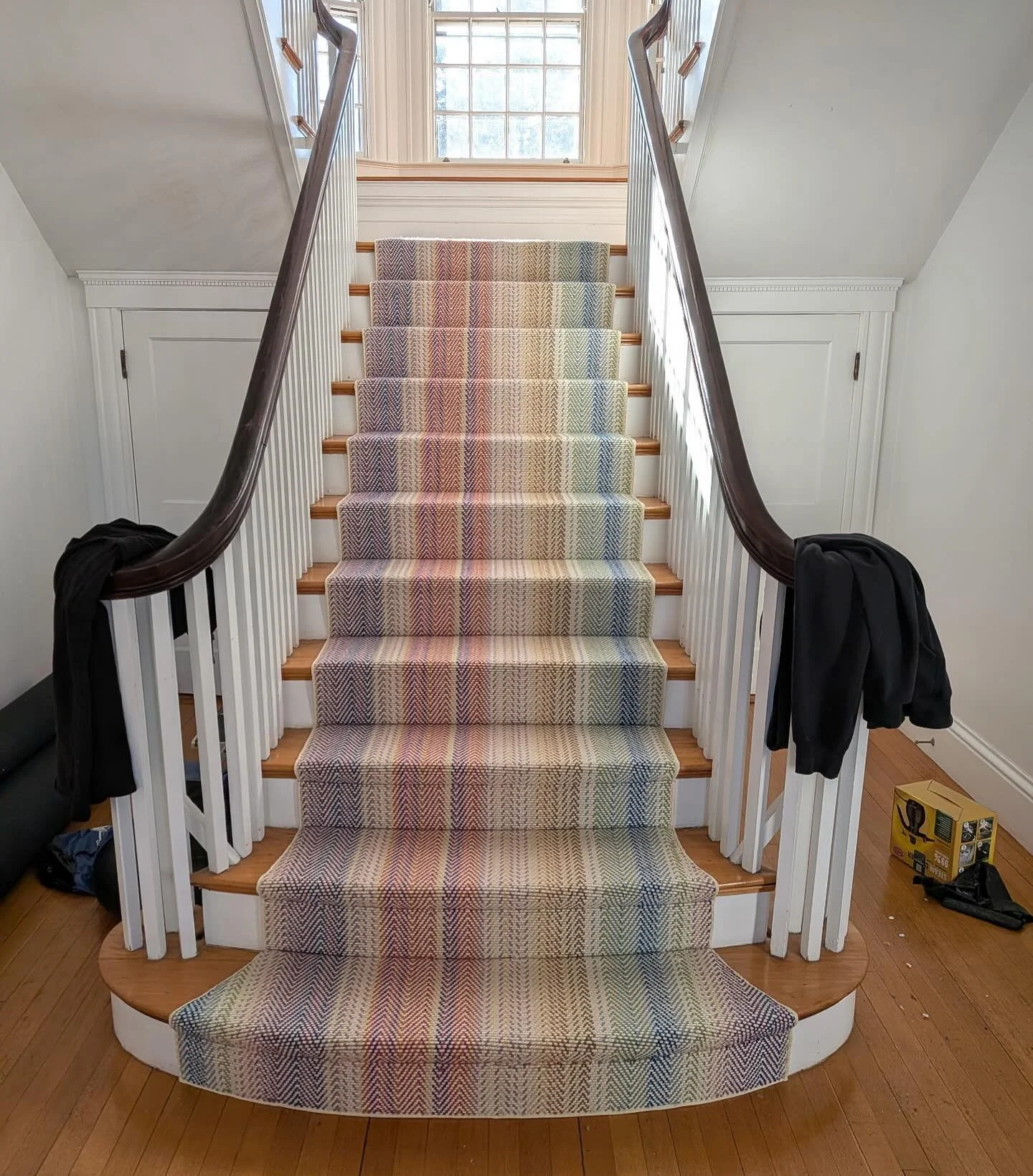 Progress too good to not share! Very happy with how this super fun stair runner turned out. It adds so much playfulness and much needed color to this staircase right off the front foyer. Swipe to see what it looked like before, and the rendering for 
