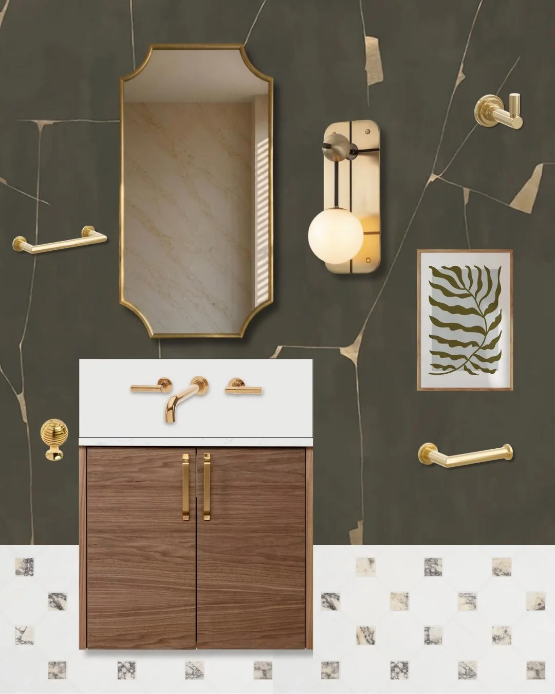 Design board for the powder room at project Colorful Euro Mod!

We&rsquo;re relocating the powder room and it can&rsquo;t come soon enough. The current location under the foyer stairs give it a 6&rsquo; ceiling height which makes it practically unusa