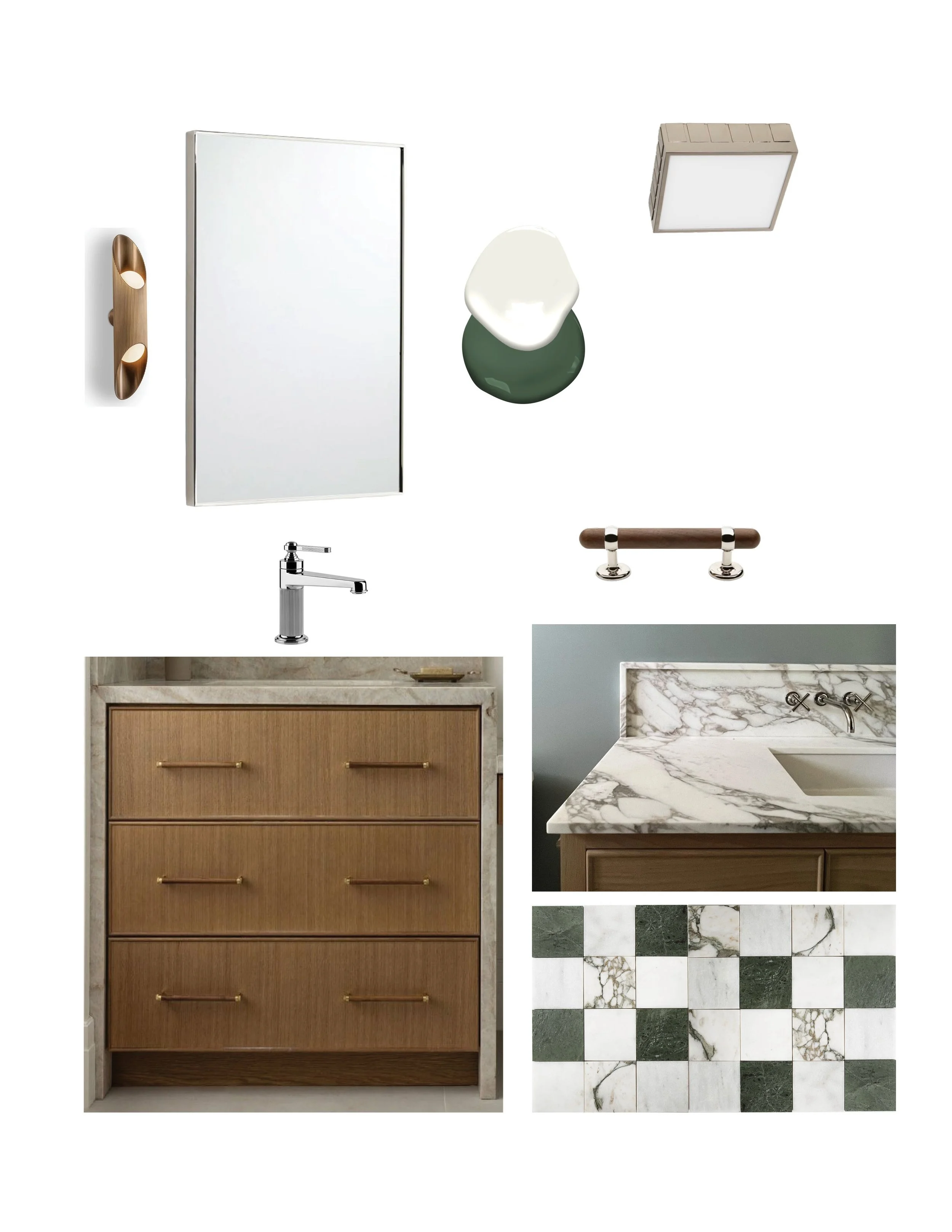 Bathroom remodel interior design mood board showing a new vanity, tiles, mirror, wall sconce, paint colors, countertops, and faucet selections for a redesign. This home is located in Belmont Massachusetts.