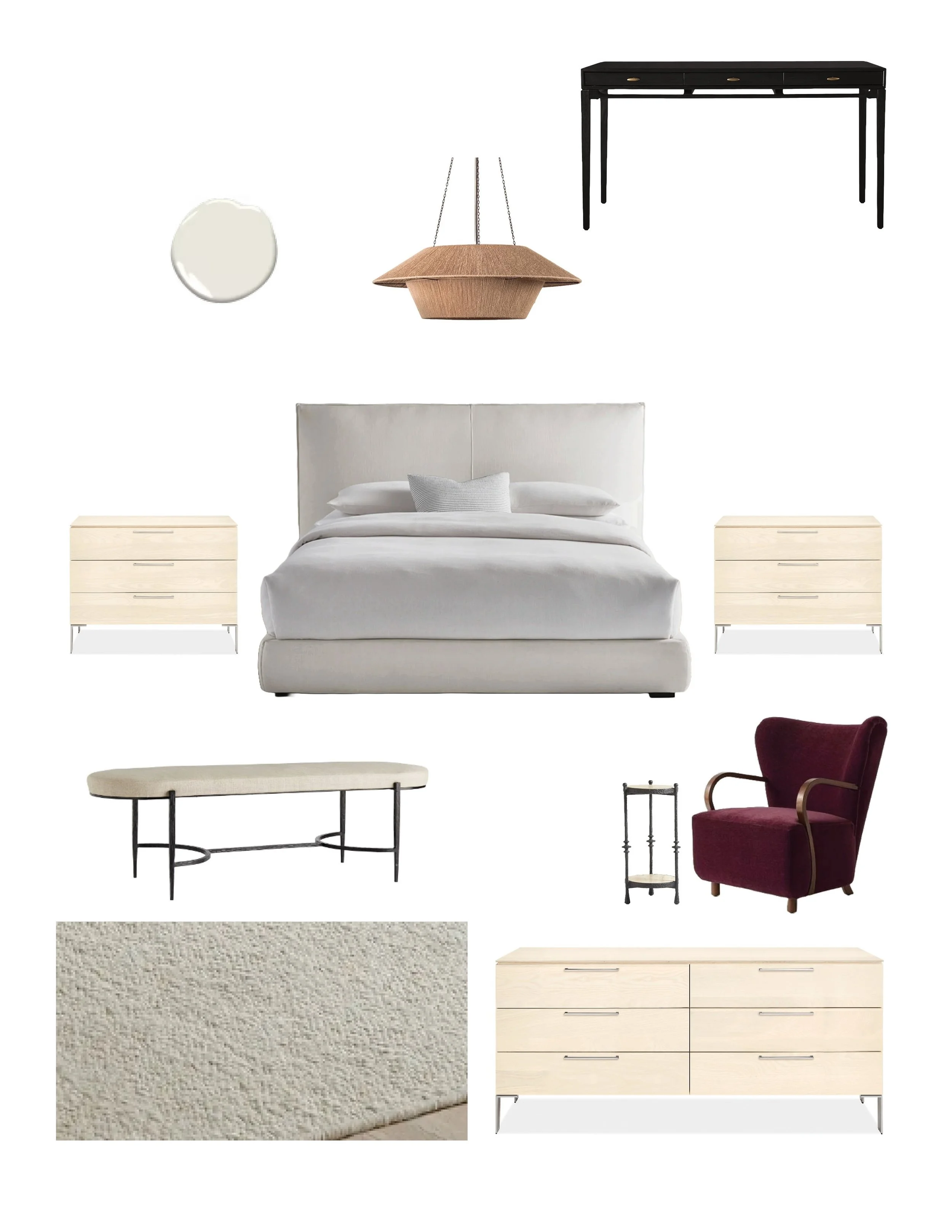 A modern bedroom with a white upholstered bed, two light wood nightstands, a white dresser, a beige bench, a burgundy armchair, a hanging wooden light fixture, a black console table, a round mirror, and a beige rug.