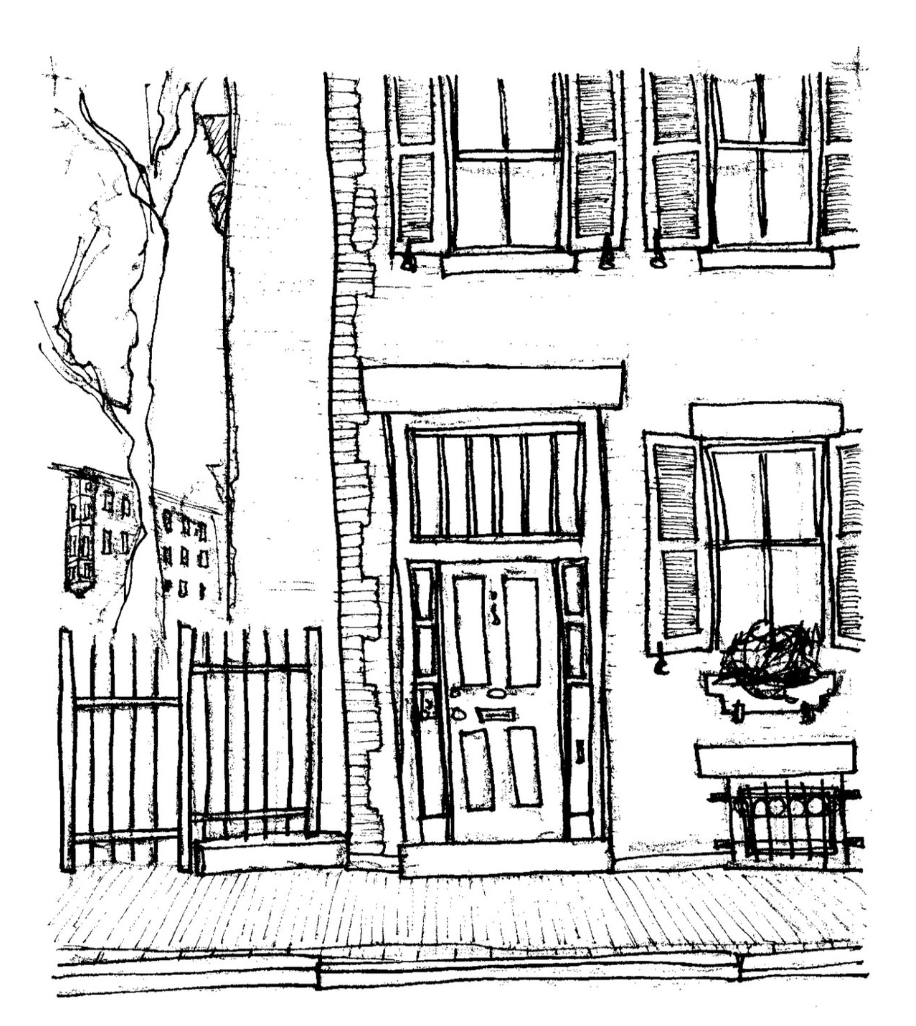 Line drawing of a brick building's facade with a door, multiple windows with shutters, a flower box, and a fence in front.
