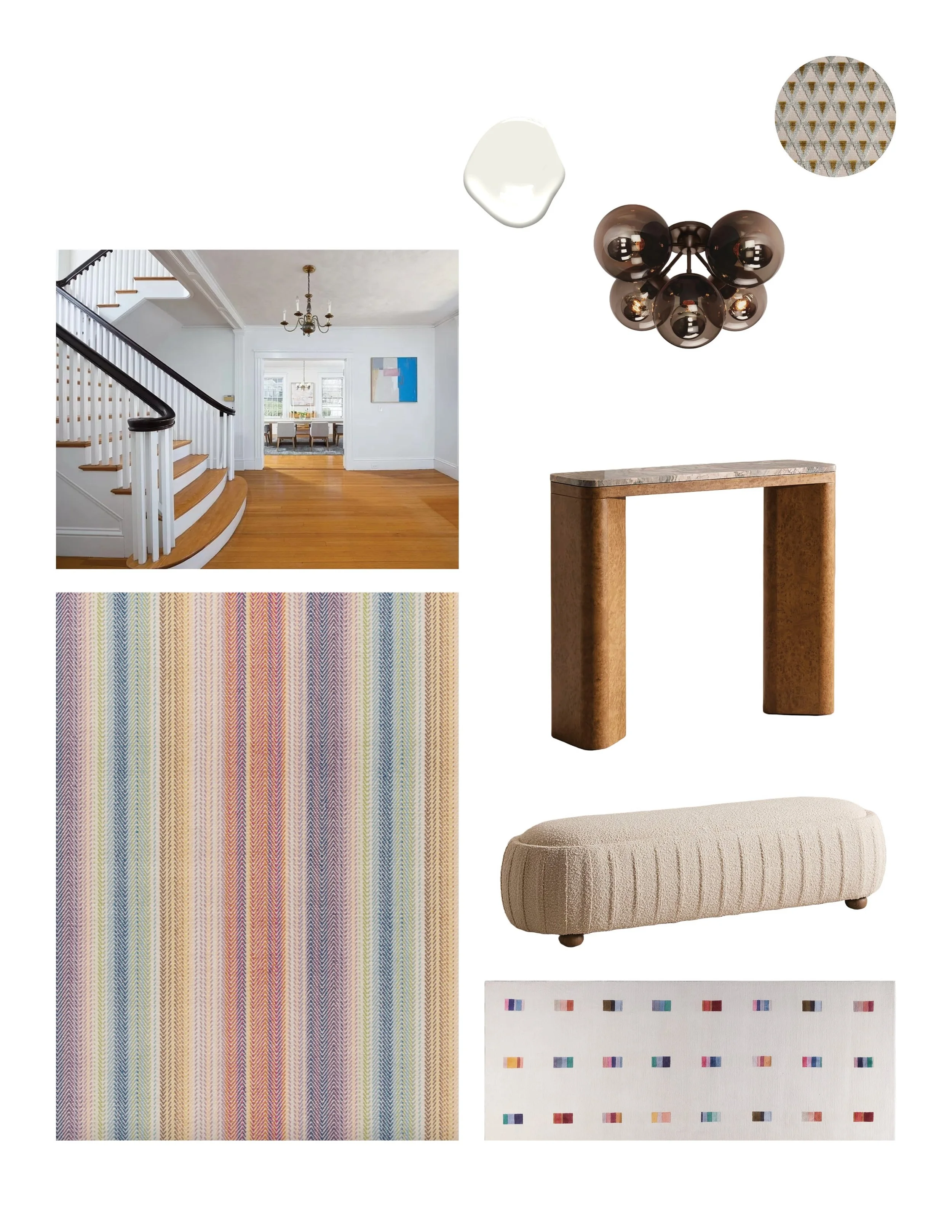 Entryway room interior design mood board showing furniture, rugs, lighting, fabrics, for a room redesign. This home is located in Belmont Massachusetts.