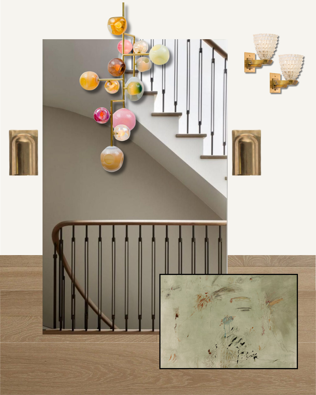 Beacon Hill staircase design with a multicolor glass globe chandelier, brass wall sconces, abstract artwork, and a curved wood and iron railing, by Nubuor Designs.