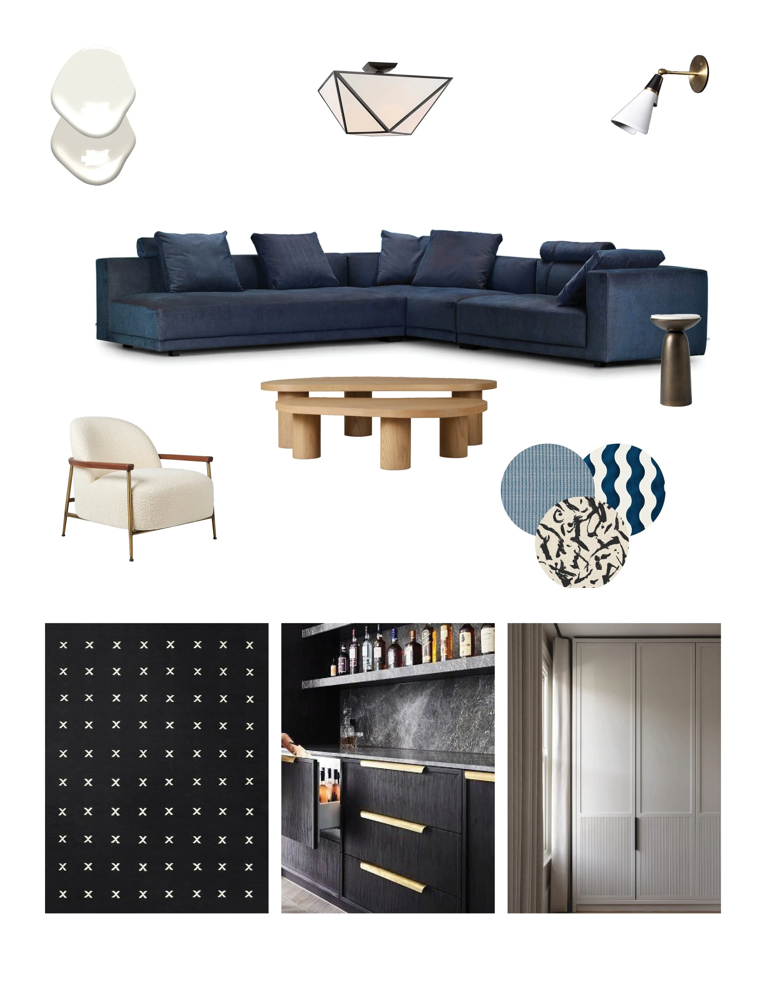 Family den room interior design mood board showing furniture, rugs, lighting, fabrics, for a room redesign. This home is located in Belmont Massachusetts.